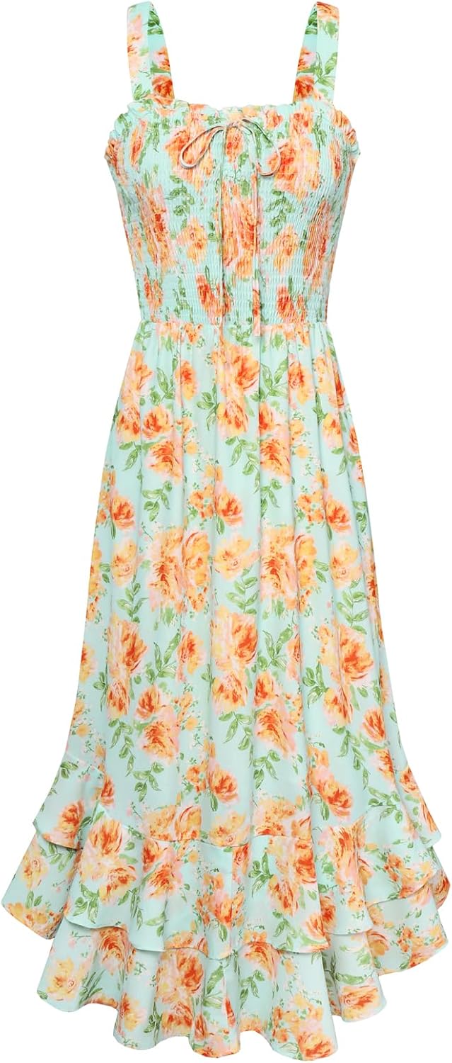 GRACE KARIN Women's 2026 Summer Floral Boho Dress Square Neck Strapped Swing A Line Sundress Beach Long Maxi Outfits