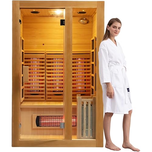 2-Person Far Infrared & Steam Dual-System Sauna Room, Hybrid Indoor Wooden Sauna with 3.5KW Heater, 6 Heating Elements and Heating Stove, Built-in Sound System, Oxygen Bar, 7-Color Lights,220V