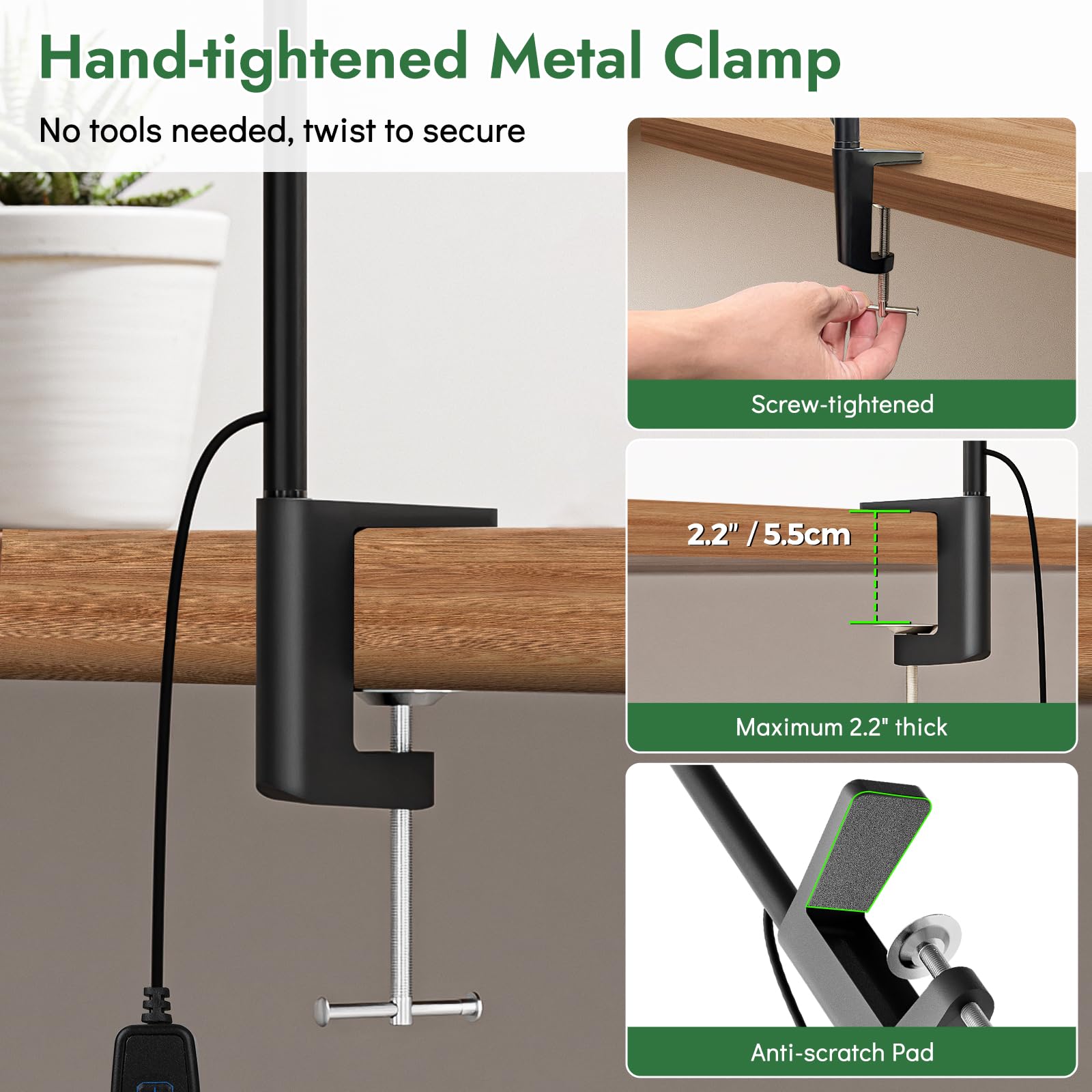 Lampe de bureau avec pince, lampe LED à clip pour soin des yeux, bras flexible de 68,6 cm de haut, 3 modes de couleur, 10 luminosités, lampe de travail alimentée par USB pour la lecture, les