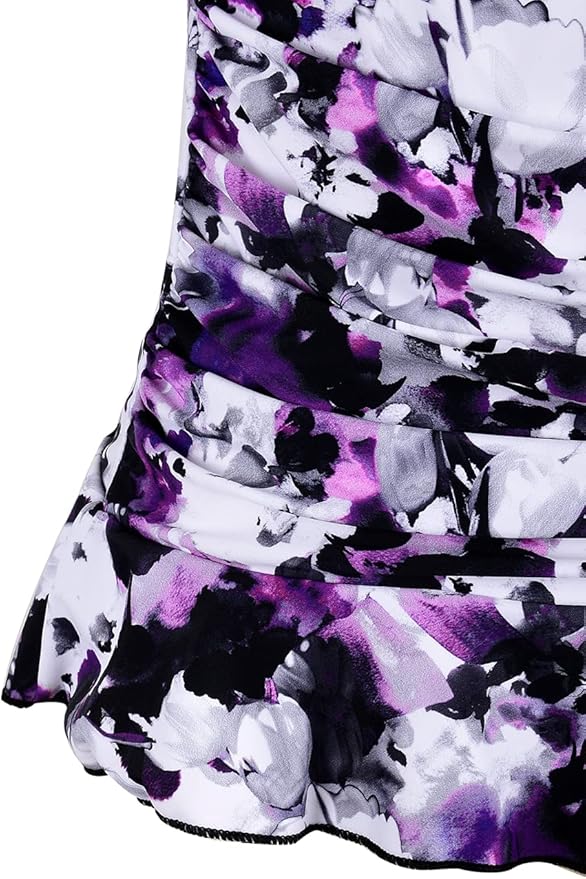 Hilor Women's 50's Retro Ruched Tankini Swimsuit Top with Ruffle Hem 