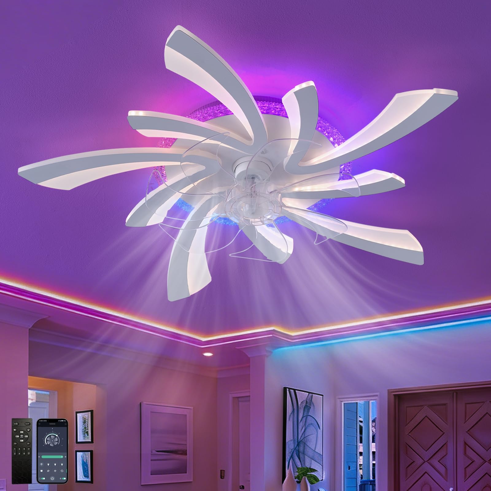 Fachae RGB Ceiling Fan with Lights and Remote Control Reversible Quiet DC Motor Bedroom Fan Light LED Dimmable Living Room White Modern Flower Ceiling Fan Designs,6 Lights,6 Speed,Memory Function — image 1