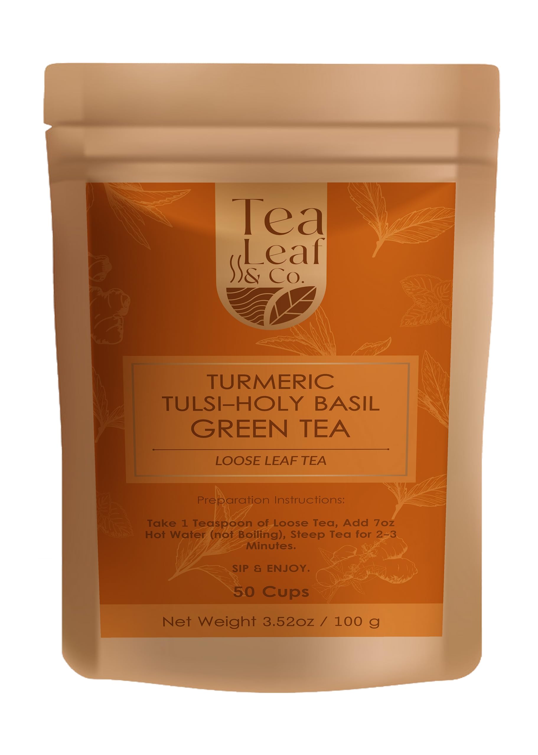 Tealeaf & Co. Turmeric Tulsi Holy Basil Green Tea Loose Leaf - Turmeric, Tulsi & Peppermint Tea Blended with Fresh Herbs & Spices - 50 Servings, Low Caffeine & Gluten Free (3.52oz/100gm)