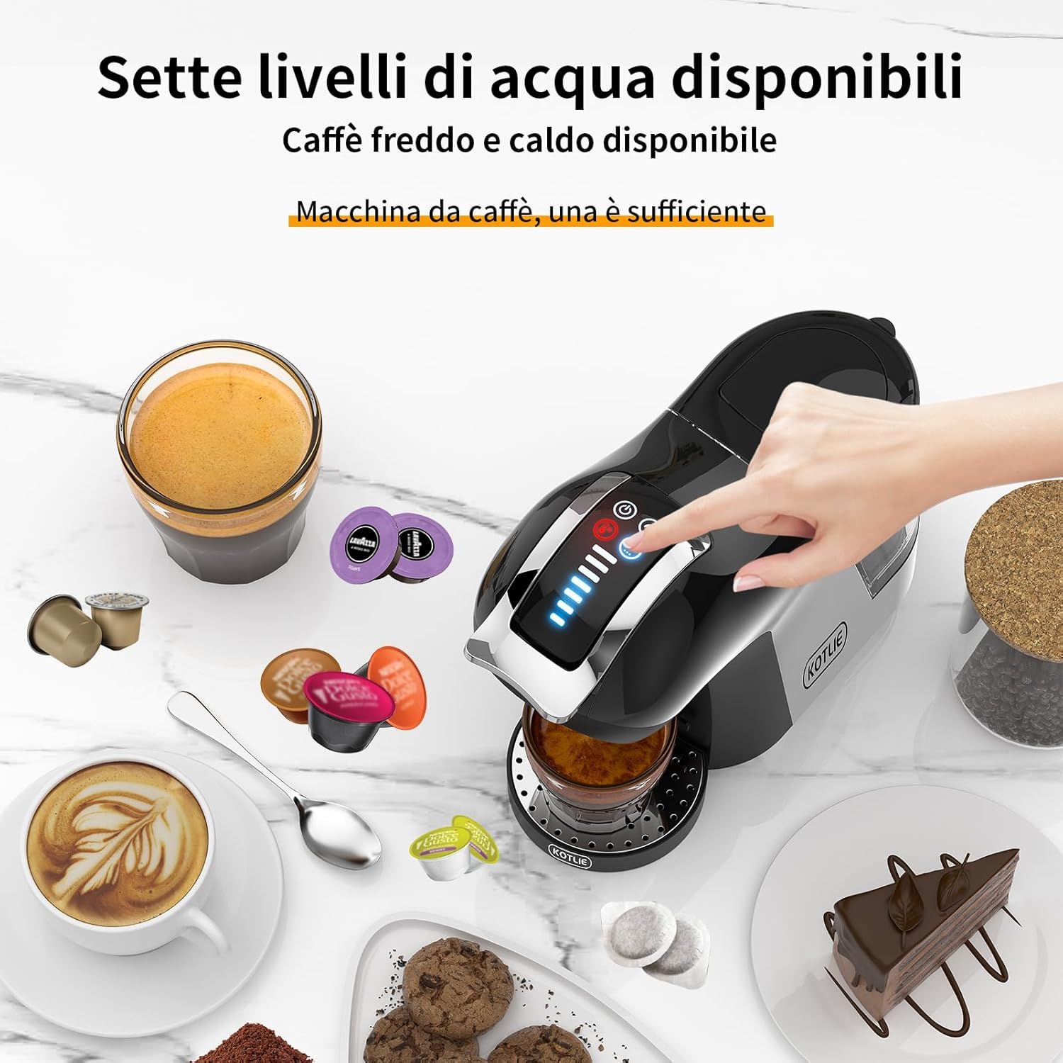 KOTLIE Macchina da caffè 5 in 1 con estrazione a freddo e a caldo per Nespresso Original/per Dolce Gusto/Caffè macinato/ESE (44 mm)/per Lavazza a modo mio(EM-308A) Nero