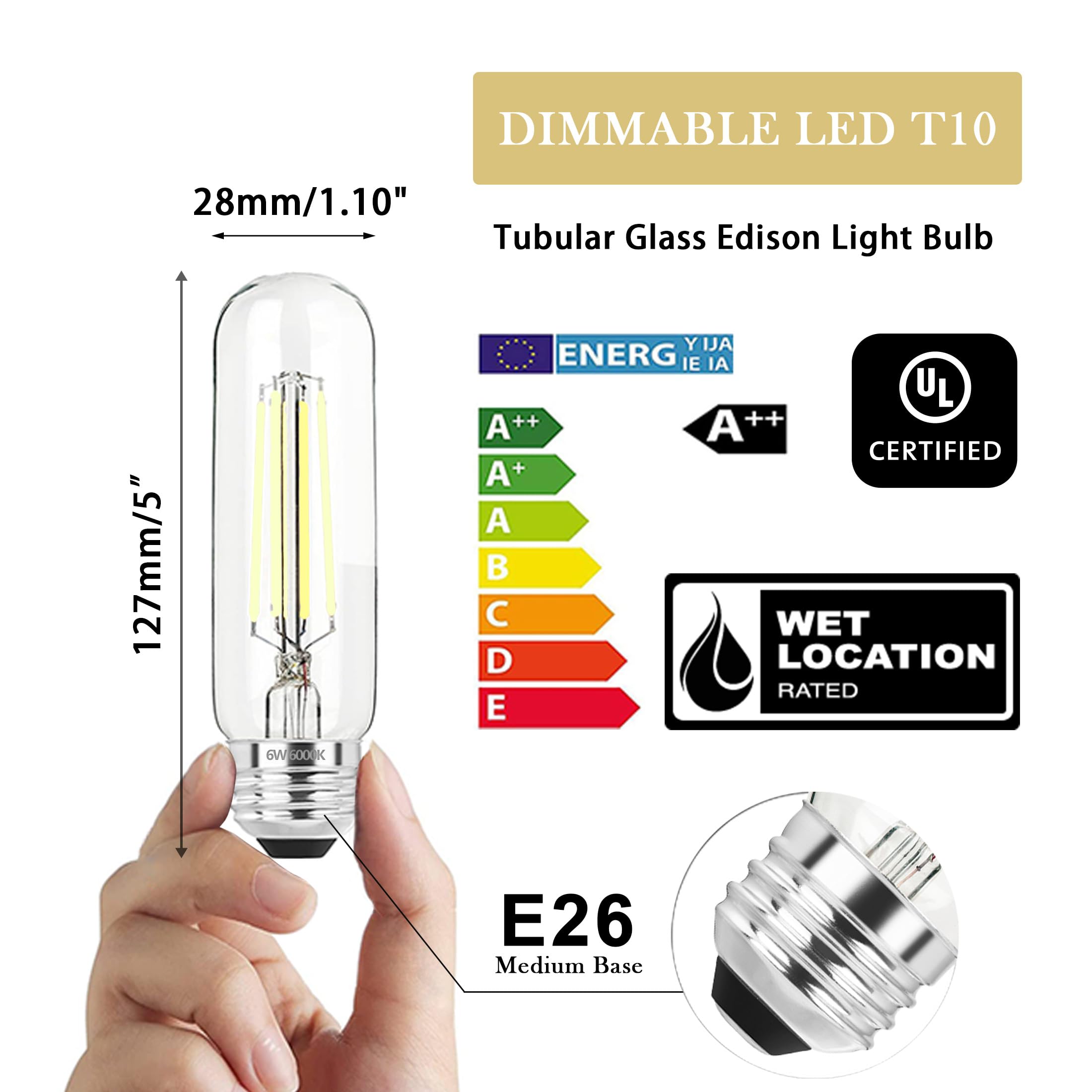 NOVELUX 5 Inch Edison Bulb, 6000K Cool White E26 Led Bulb 6W