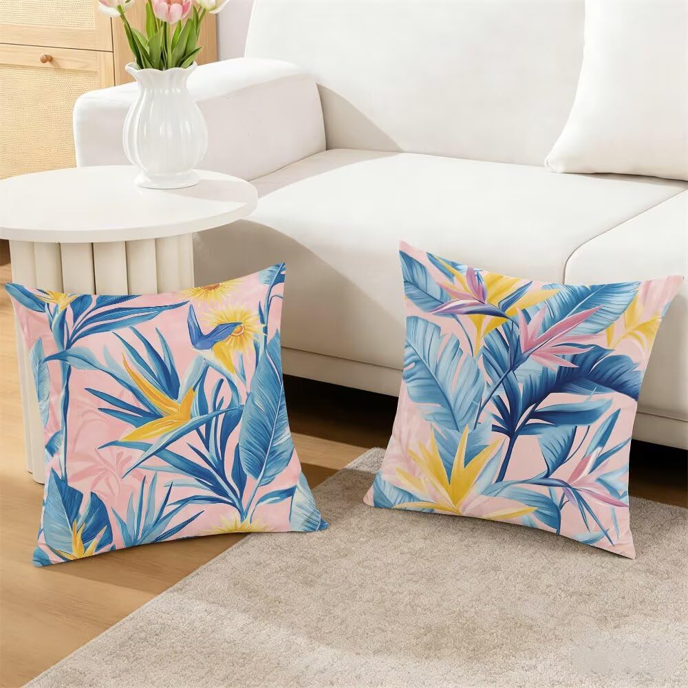 Federe Cuscini Divano 65x65 cm Federe Morbido Copricuscini Rosa in Velluto, 2 Pezzi Copri Cuscini per Divano Primavera Estate Federa Cuscino Piante Tropicali per Camera da Letto Soggiorno (IU71)
