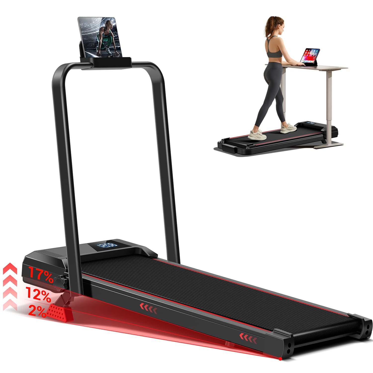14% Incline Walking Pad Treadmills for Home and Office, 3-in-1 Portable Under Desk Treadmill, Folding Treadmill with 2.5 HP Quiet Brushless, 135KG Capacity