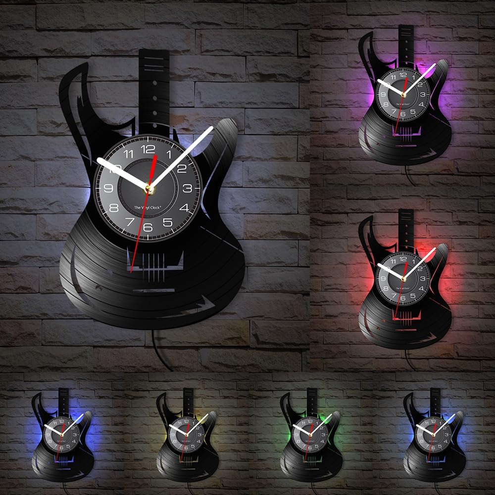 12 Inch Guitar Music Instrument LED Vinyl Record Wall Clock with 7 Luminous Modes, Silent Quartz Non Ticking Modern Decorative Night Light Musician Wall Clock for Music Room Music Studio