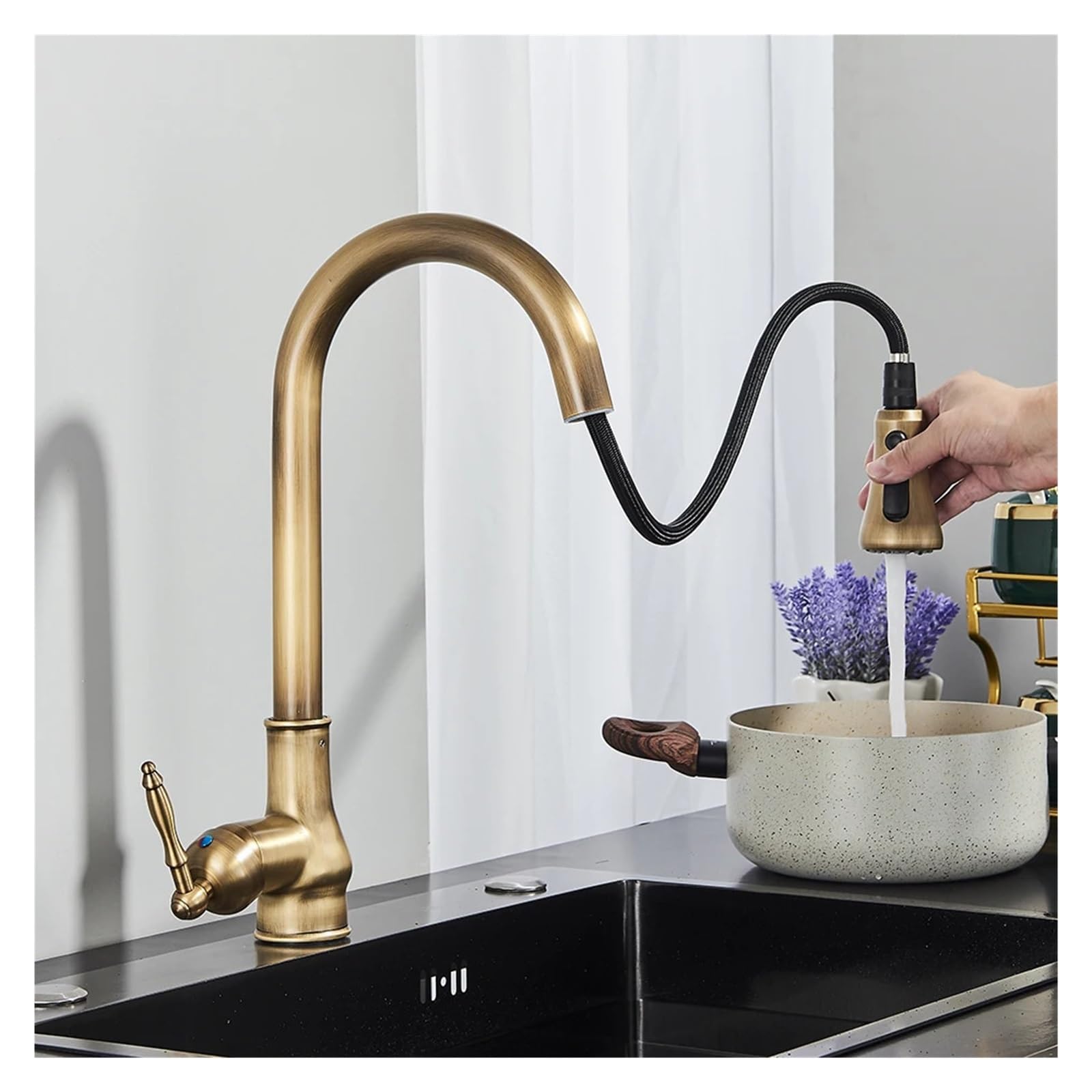 Antiker Messing-Küchenarmatur, herausziehbarer Küchenspülen-Wasserhahn, Einhebelmischer, 360-Grad-Schwenkkran, Aufsatzmontage(Chrome C)