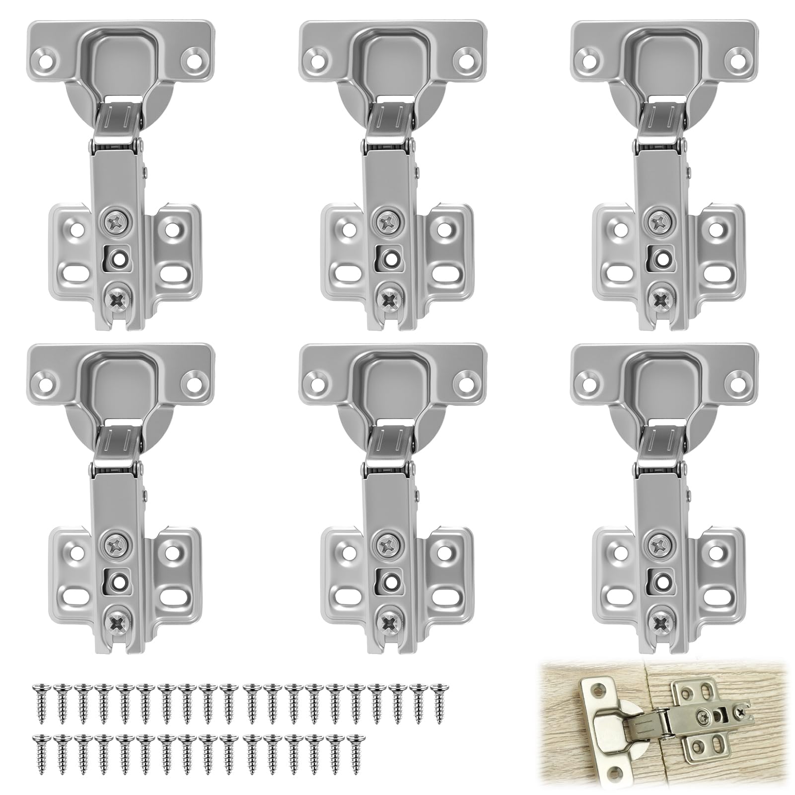 6 Pcs Cabinet Hinges, 110 Degree Kitchen Cupboard Hinges with 36 Screws, Mute Cabinets Hinge, Heavy Duty Cold Rolled Steel Hydraulic Hinge for Kitchen, Cabinet, Wardrobe, Bathroom, Furniture Doors
