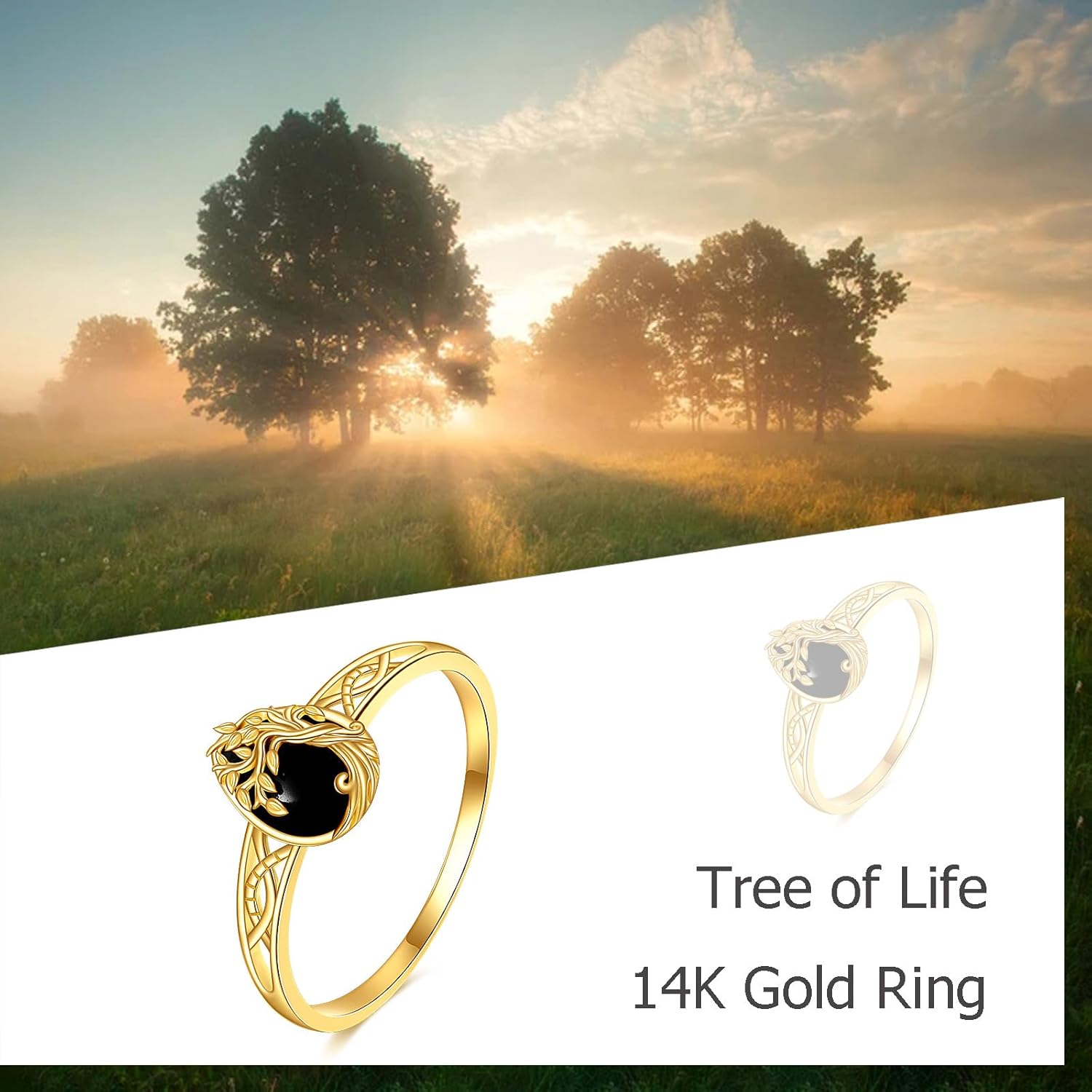 14K Solid Gold Black Onyx Ring 14K Gold Tree of Life Rings for Women Jewelry Gifts