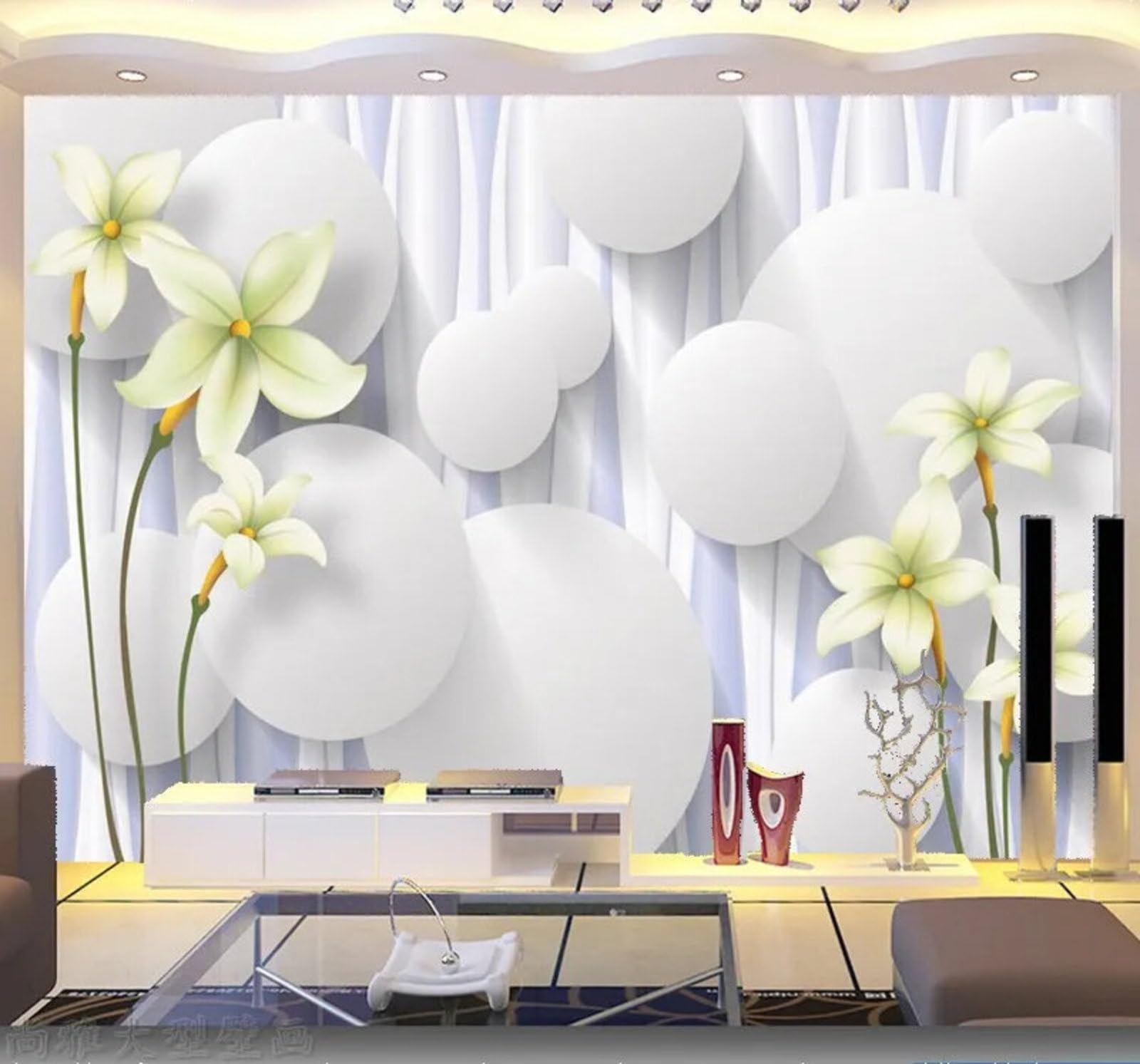 Tzxztt Fresh Abstract Circular Beautiful Lily Modern 3D Wallpaper Premium Textured Silk Neutral Tones Material Ideal for Living Room Bedroom-400cm×280cm