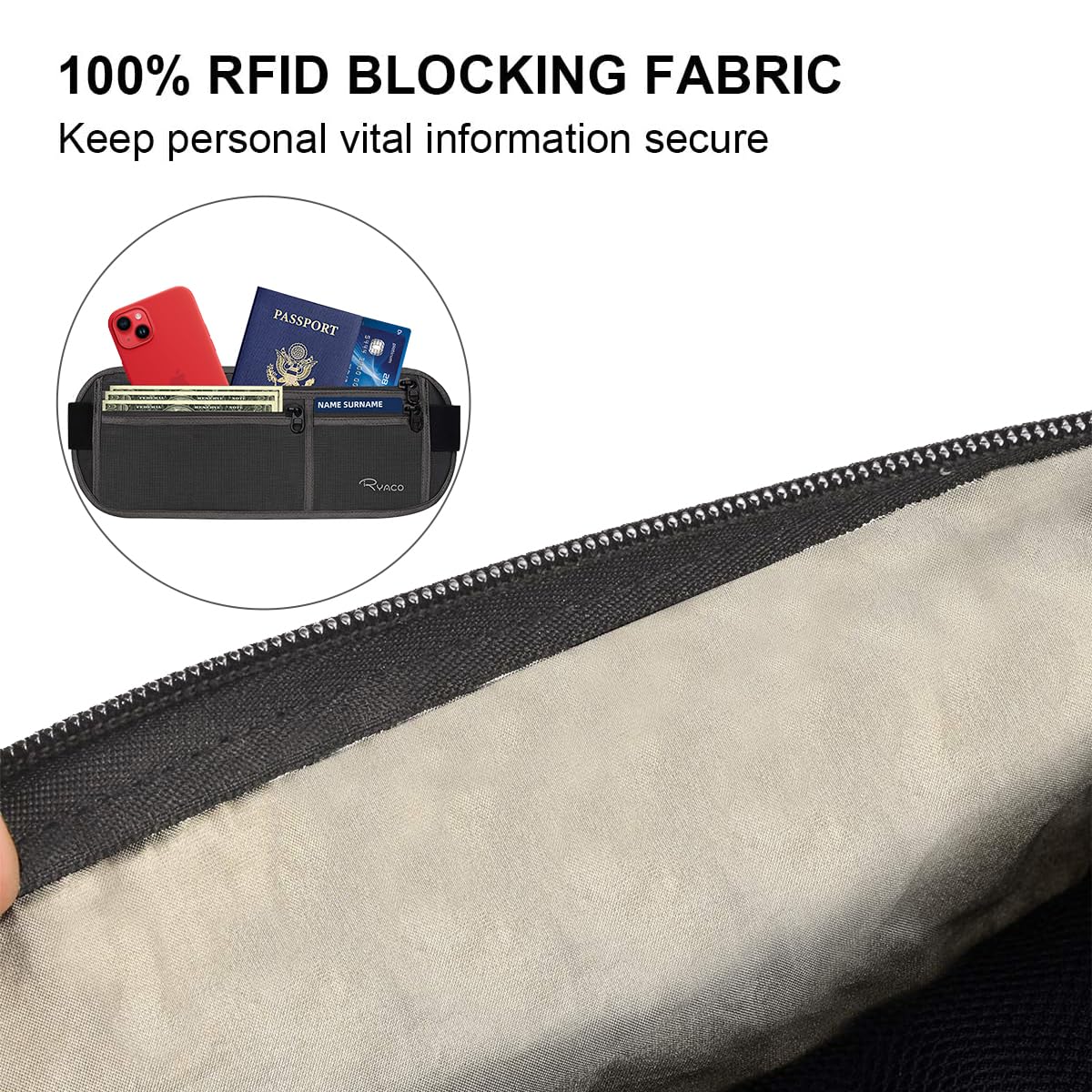 RYACO Podróżny pasek na pieniądze, saszetka biodrowa RFID do biegania, jazdy na rowerze, wędrówek - trwały, wygodny, lekki, bezpieczny, ukryty portfel na paszport podróżny