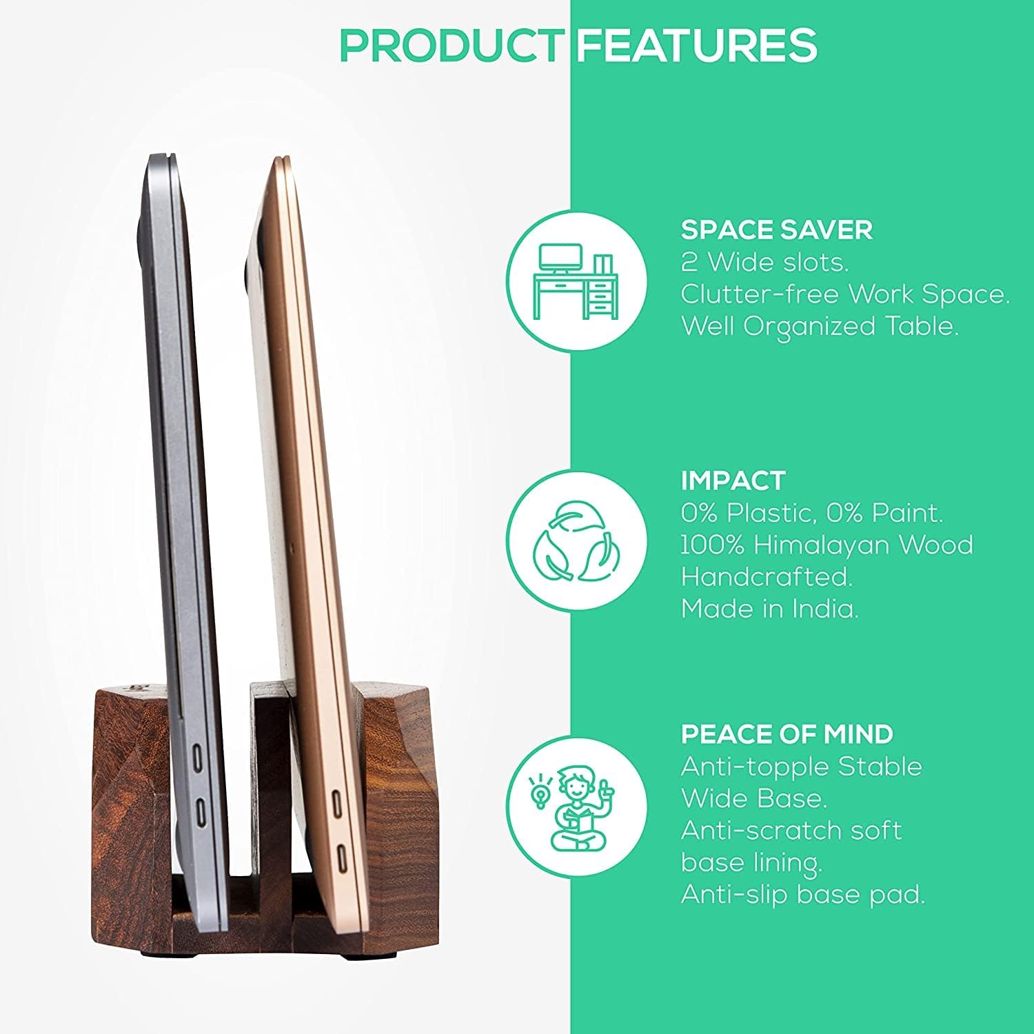 Premium Vertical Laptop Stand – Wooden Dock for MacBook & Laptops | Dual Dock Slot | Ergonomic Desktop Holder & Space-Saving Office Desk Accessory (Indian Rosewood)