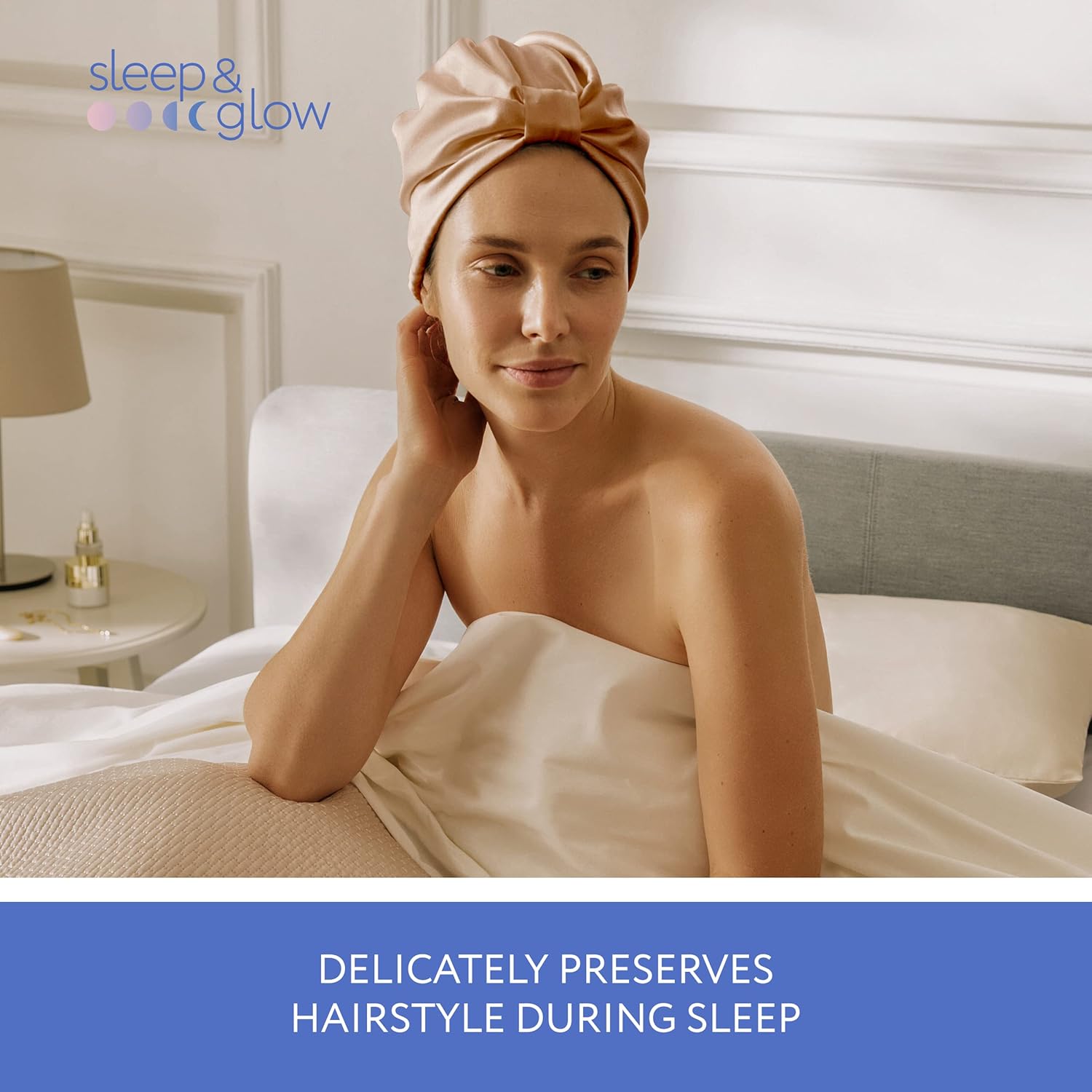 Sleep & Glow Silk Hair Turban Luxury Cap for Sleeping Double Layered 100% Natural Mulberry Silk Night Hair Bonnet for Healthy and Shiny Hair (Caramel)