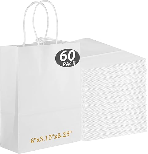 Miniatura 1 de GITMIWS Paquete de 60 bolsas pequeñas de papel blanco, 6 x 3.15 x 8.25 pulgadas, pequeñas bolsas de regalo de papel kraft blanco con asas a granel,