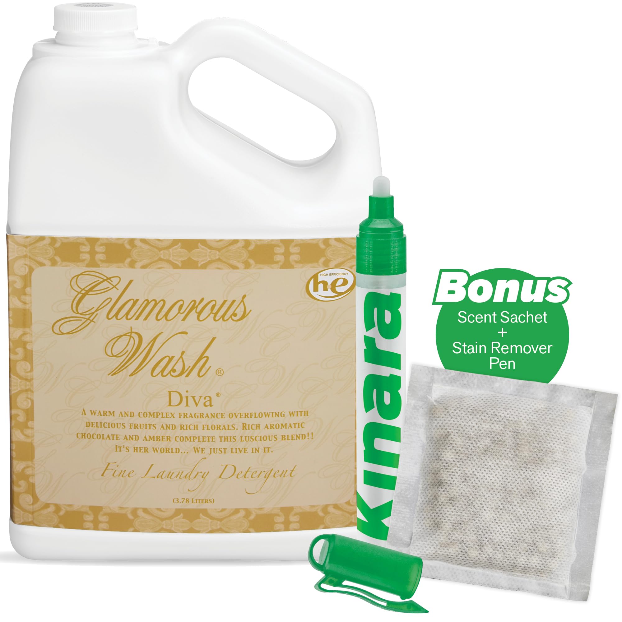 KINARA Tyler Diva Glamorous Wash Liquid Laundry Detergent, Bundle with Stain Remover Pen, Fresh Scented Sachet - Gentle Washing Detergent, Laundry Supplies - 1 Gallon - Gift Set