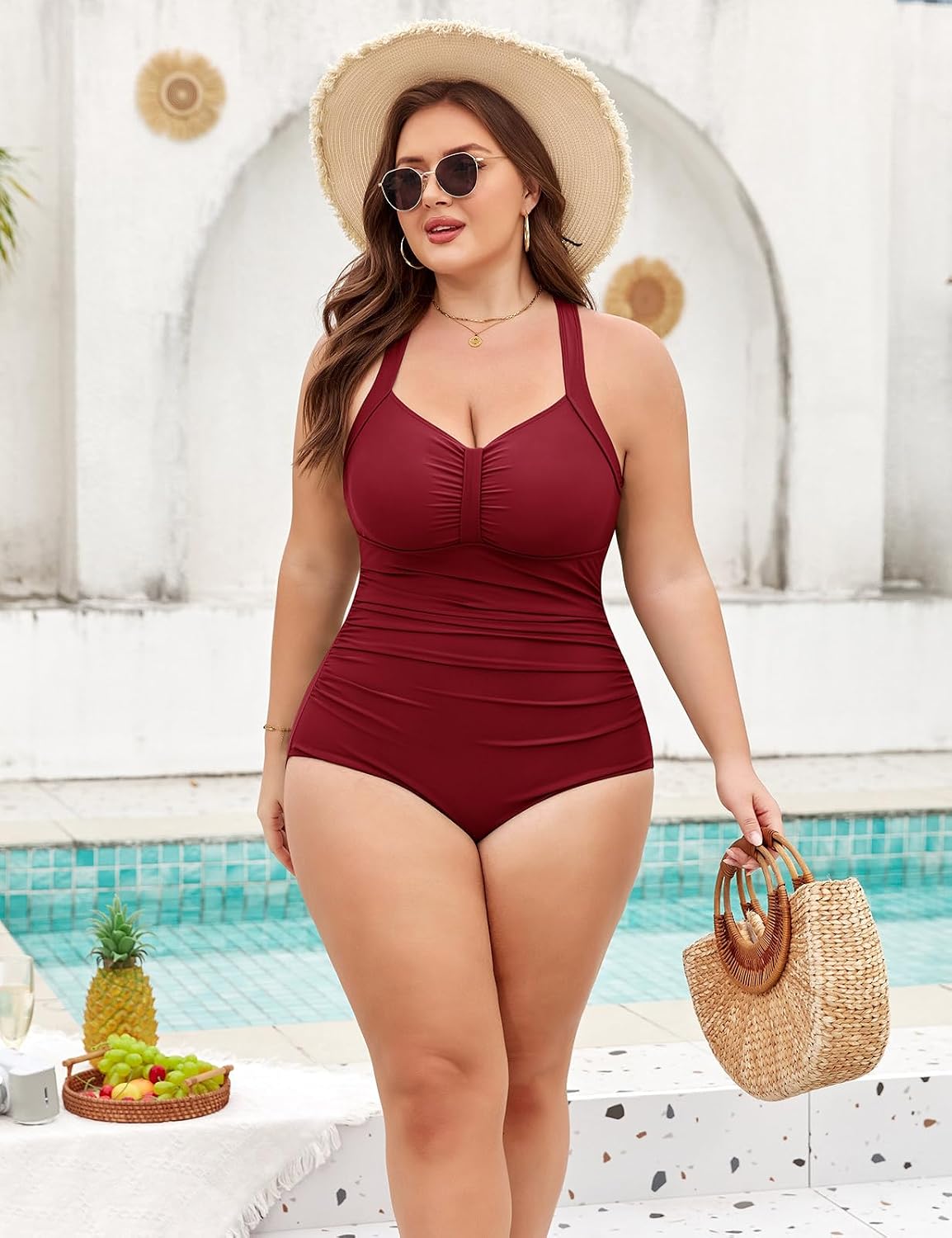 UMIPUBO Womens Plus Size One Piece Swimsuit with Tummy Control & Cross Back Ruching Front Retro Bathing Suit