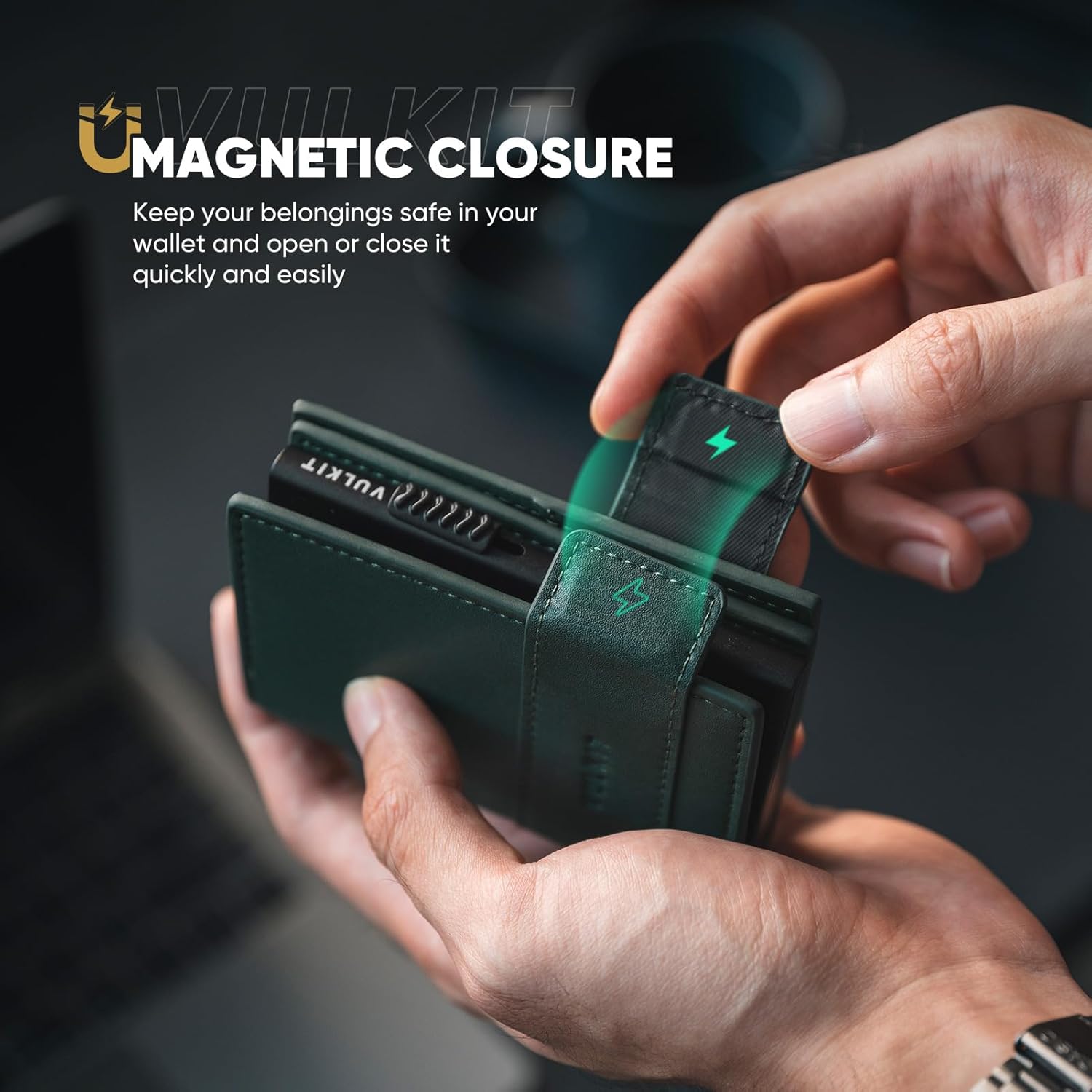 VULKIT Card Holder Bifold Pop Up Leather Wallet for Men RFID Blocking Metal Card Case, Holds 9 Cards and Banknotes Green - Image 4