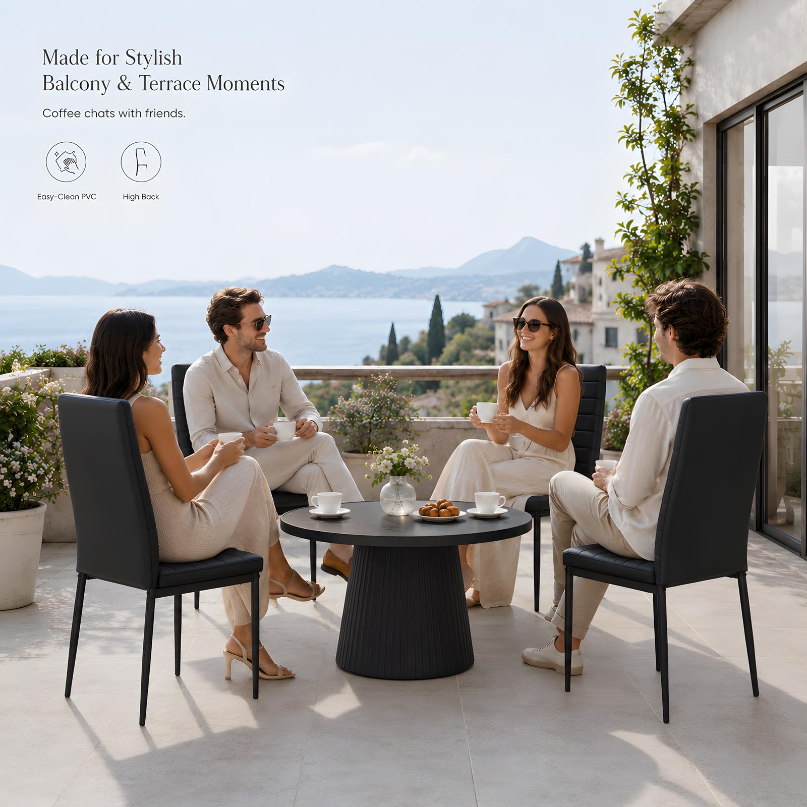 Juego de 4 Sillas de Comedor Negro Polipiel Fácil de Limpiar Silla Cocina Moderna Acolchada Patas Metal Respaldo Alto Salvaspacio Impermeable