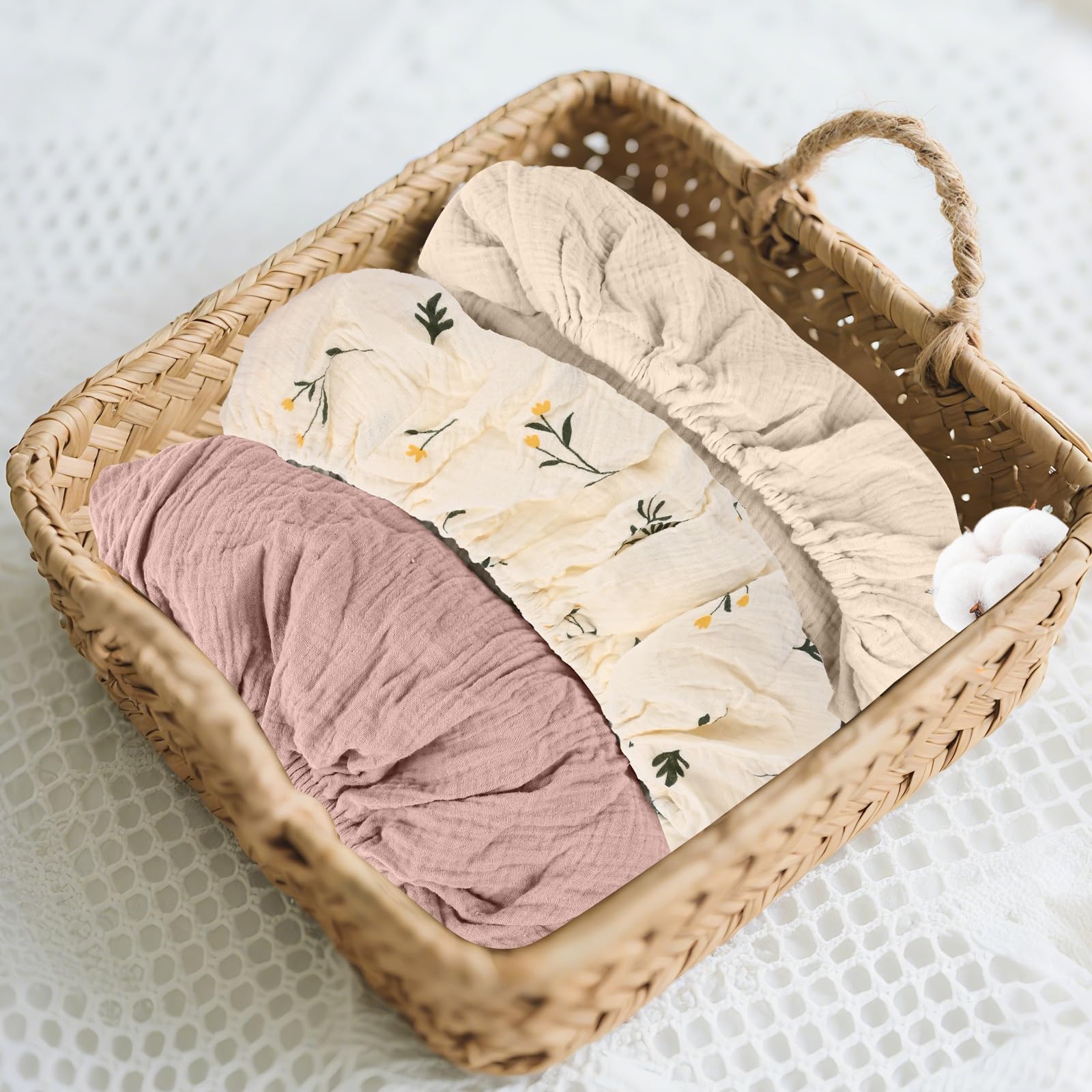 3 Stück Baby-Bettlaken, 83 × 43 cm, Universelle Spannbettlaken für Kinderwagen, 100% Musselin-Baumwolle, Baby Spannbettlaken, Reisebett Spannlaken Beistellbett Leintücher (Gelbe Blume)
