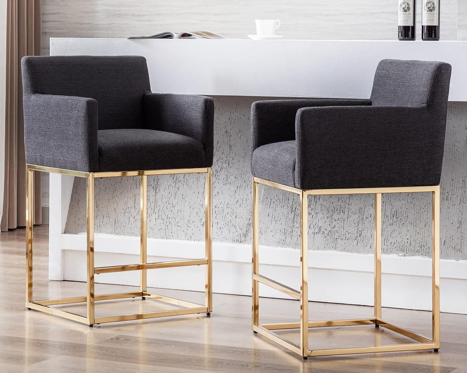 HNY Modern Counter Height Bar Stools Set of 2, Linen Fabric