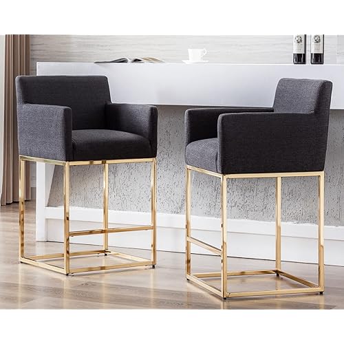 HNY Modern Counter Height Bar Stools Set of 2, Linen Fabric Upholstered Gold Bar Stools with Backs, 26 Inch Kitchen Island Stools with Gold Metal Frame, Charcoal