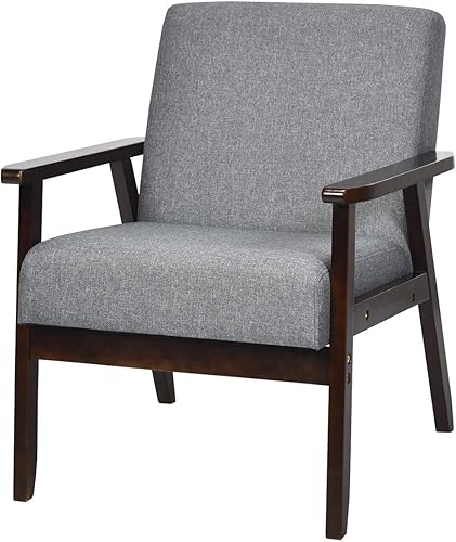 Giantex Silla decorativa moderna Mid-Century, sillón de tela retro, hecho de madera maciza, sillón tapizado de lino para sala de estar (1, beige)