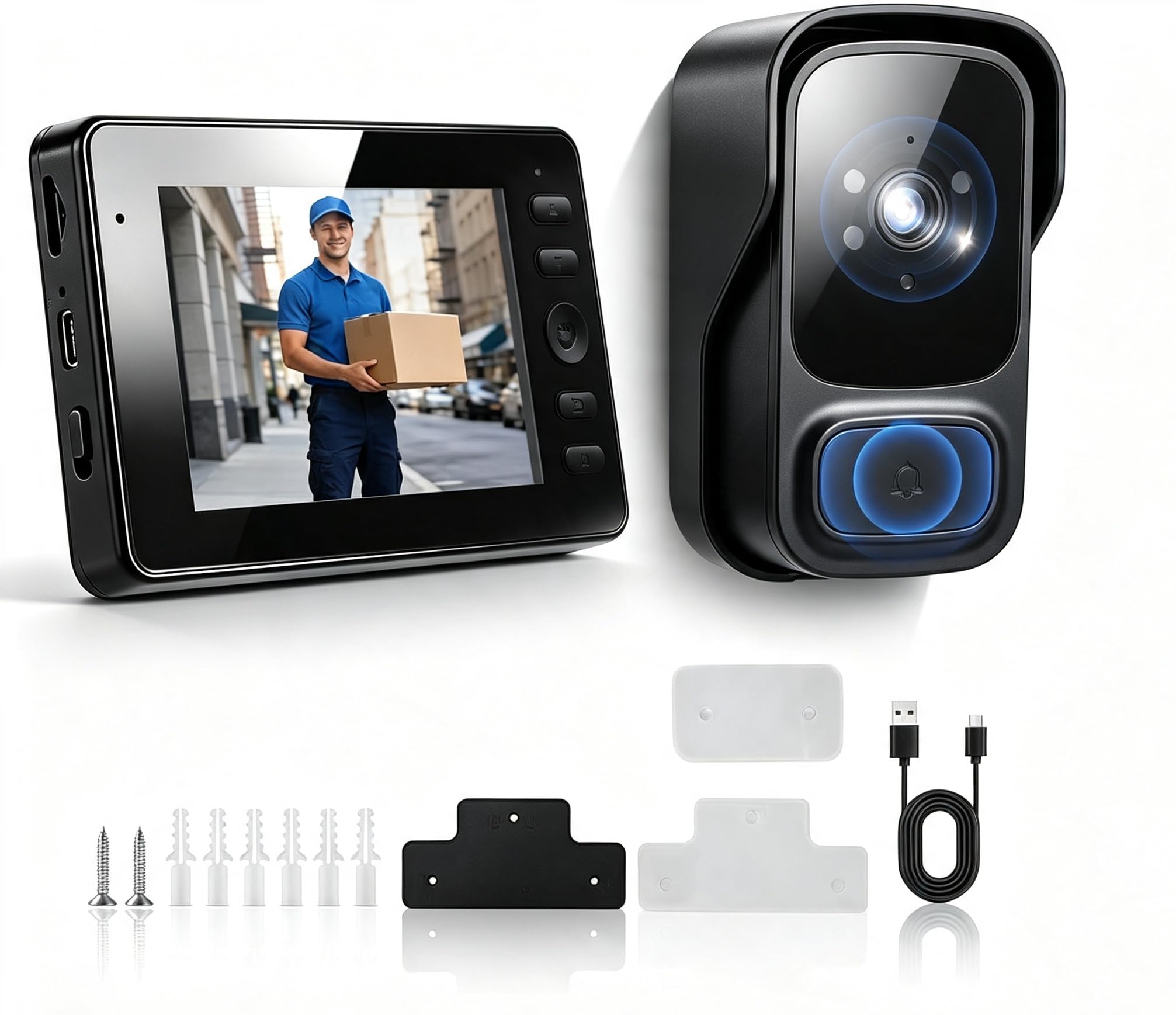 Timbre inalámbrico con cámara, IP65 Impermeable para Exterior, Pantalla HD 1080P de 4.3 Pulgadas, Timbre de Video inalámbrico de 2.4G, Audio bidireccional, visión Nocturna, Resistente a la Intemperie