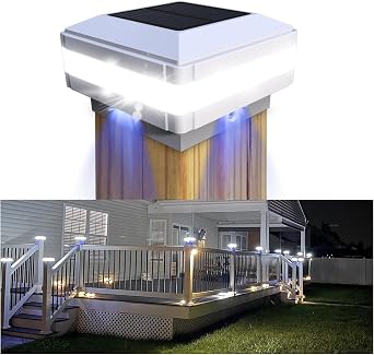 Solar Post Lights 160 Lumen, Fence Deck Post Solar Lights 52 LEDs 6000K White Fits 4x4 5x5 6x6 Wooden Posts Cap, Waterproof Outdoor Post Lights for Front Porch, Patio, Garden, Yard, Pathway