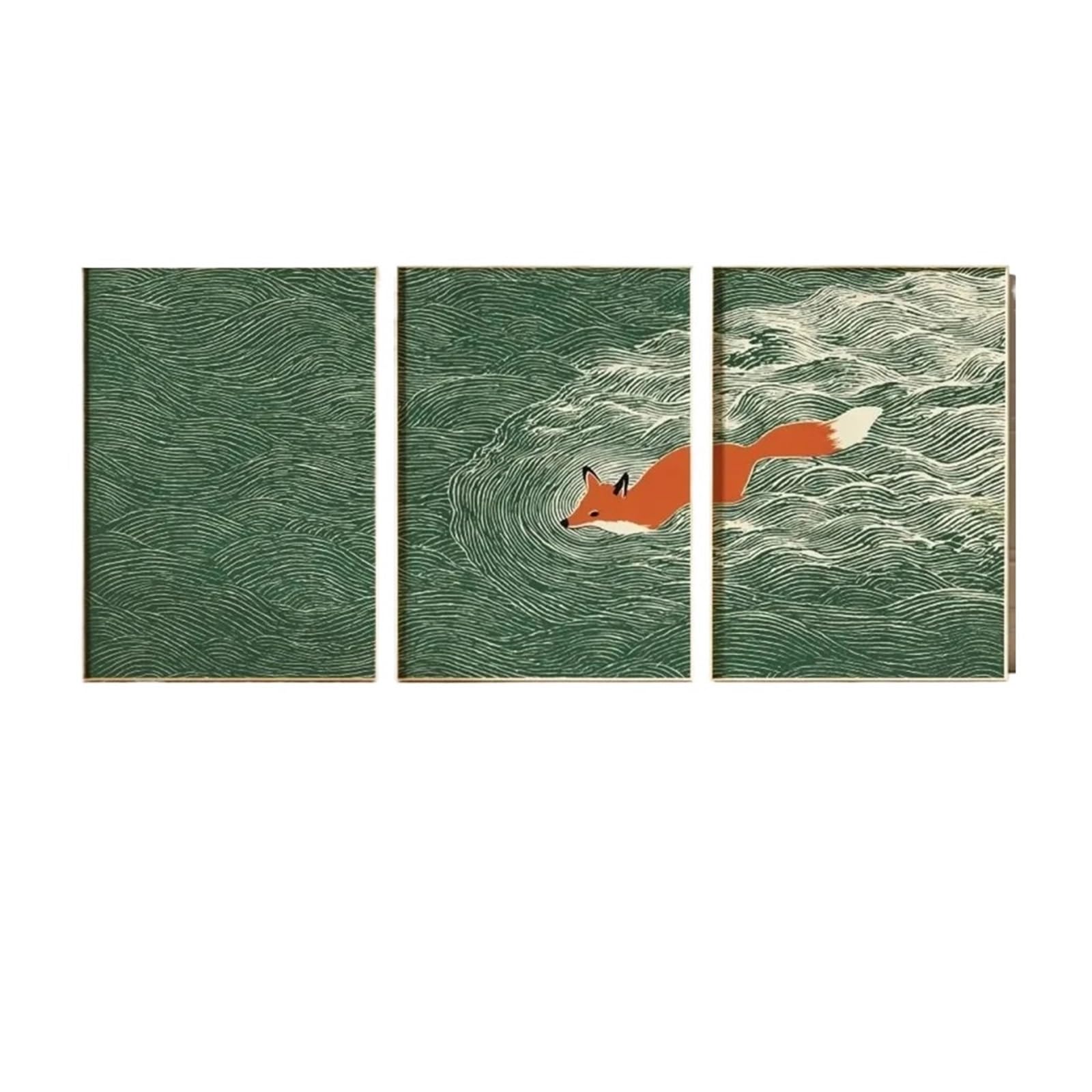 3 Szt. Abstrakcyjny Lis Oceaniczny Wall Art Zielona Fala Wydruki Na Płótnie Woodland Dekoracja Do Domu Z Motywem Zwierzęcym Prezenty