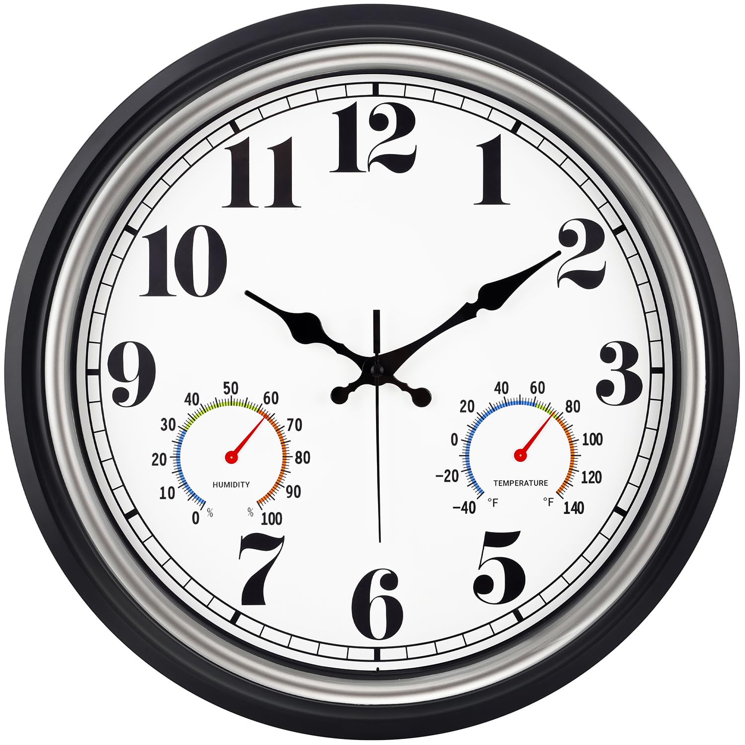 Photo 1 of 45MinST 16 Inch Silver Vintage Large Indoor/Outdoor Waterproof Wall Clock with Thermometer & Hygrometer, Silent Non-Ticking Quartz Timepiece for Home, Porch, Garden