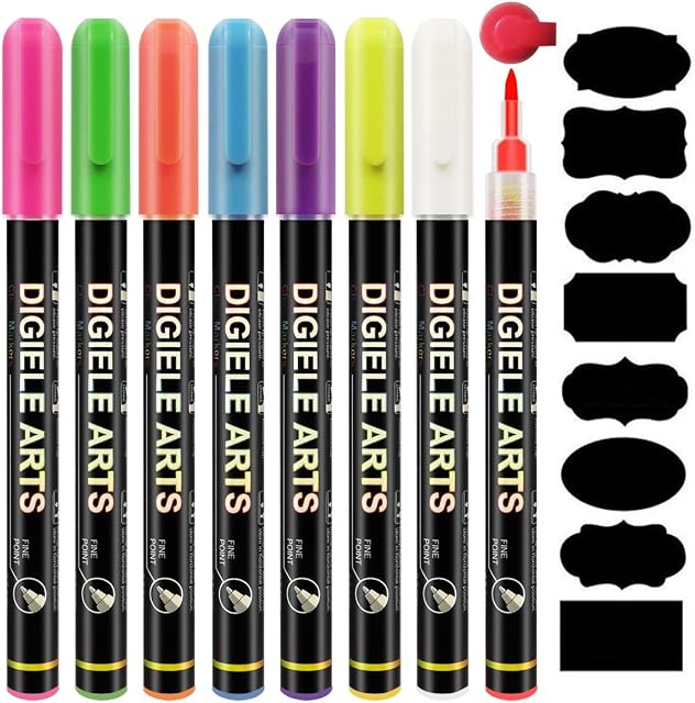 DIGIELE Chalk Pens, 8 Colours Liquid Marker Pens, 0.7 - 1mm Fine Tip, Dry or Wet Wipe Pen, Smooth Writing for Chalkboard, Blackboard, Window, Glass & Non-Porous Surfaces, 16 Chalkboard Labels Packed