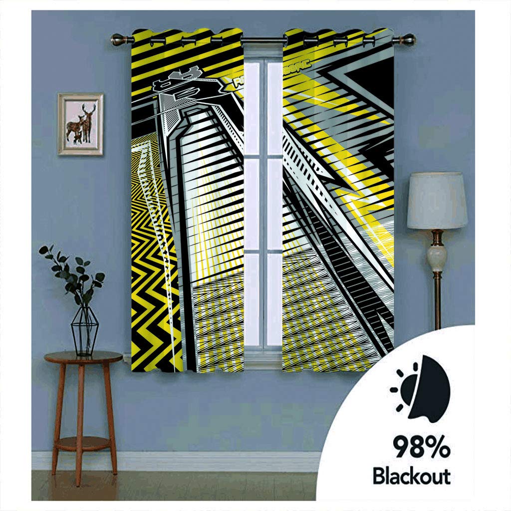 Cortinas Opacas Termicas Aislantes Frio Y Calor 280X260Cm（An X Al）Con Ojales 3D Edificio Geométrico Negro Y Amarillo Patrón Decoración Ventanas Para Habitacion Dormotorio Salon Modernas 2 Piezas