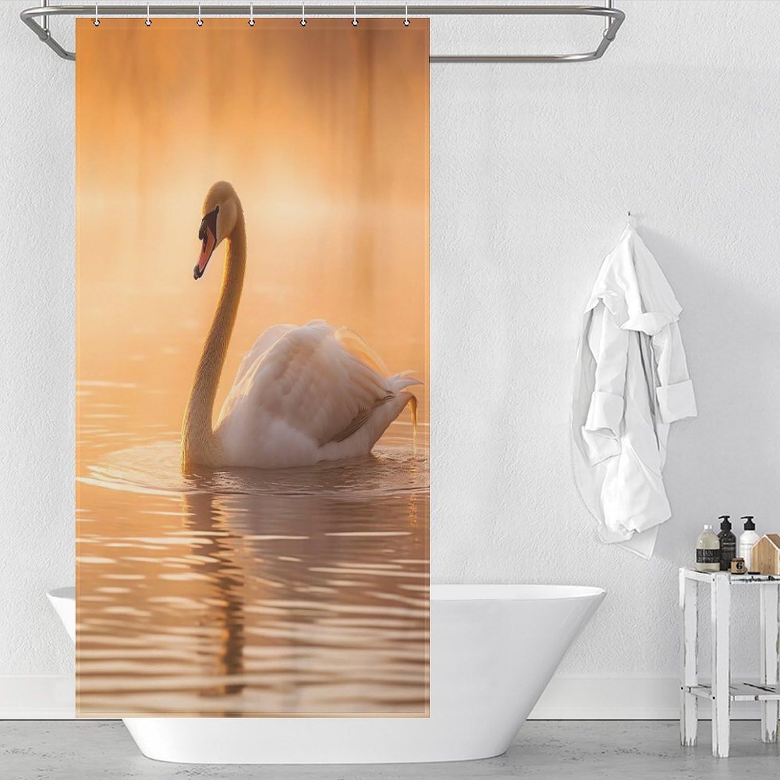 Rideau de douche cygne tissu polyester imperméable lavable pour baignoire 92x183