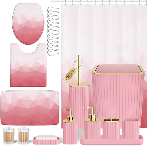 Vista 14 de Juego de baño – Juego de baño de 26 piezas con cortina de ducha y alfombras, juego de accesorios de baño, juego de accesorios de baño negro, bote