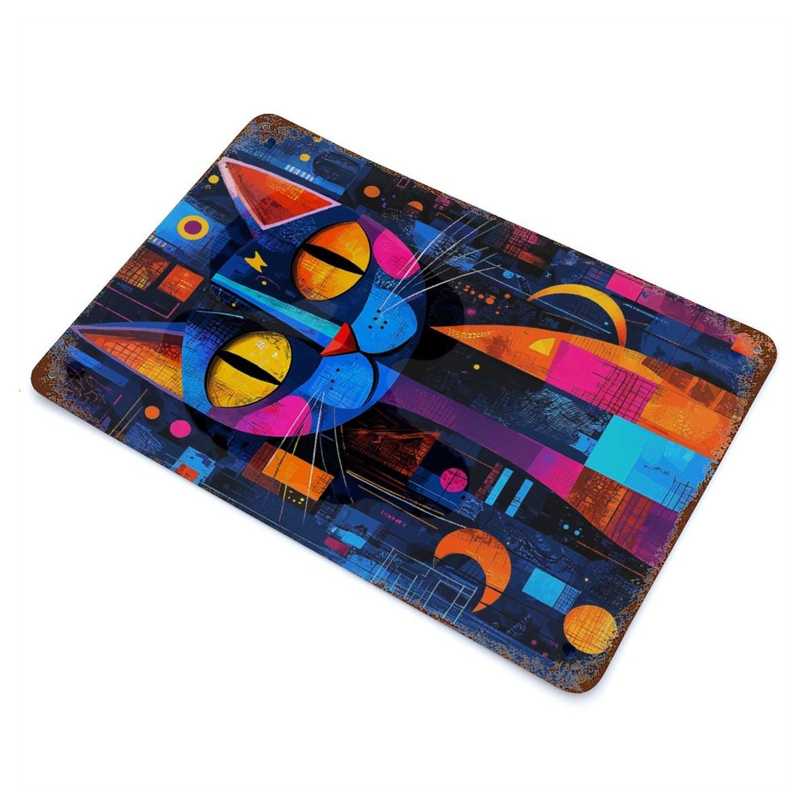 Expressionist Geometry Cat – Vibrant Abstract Feline Art Rusty Metal Tin Sign 11.8"x7.9", for Patio, Garden Room And Bar Decor, Old School Wall Decor
