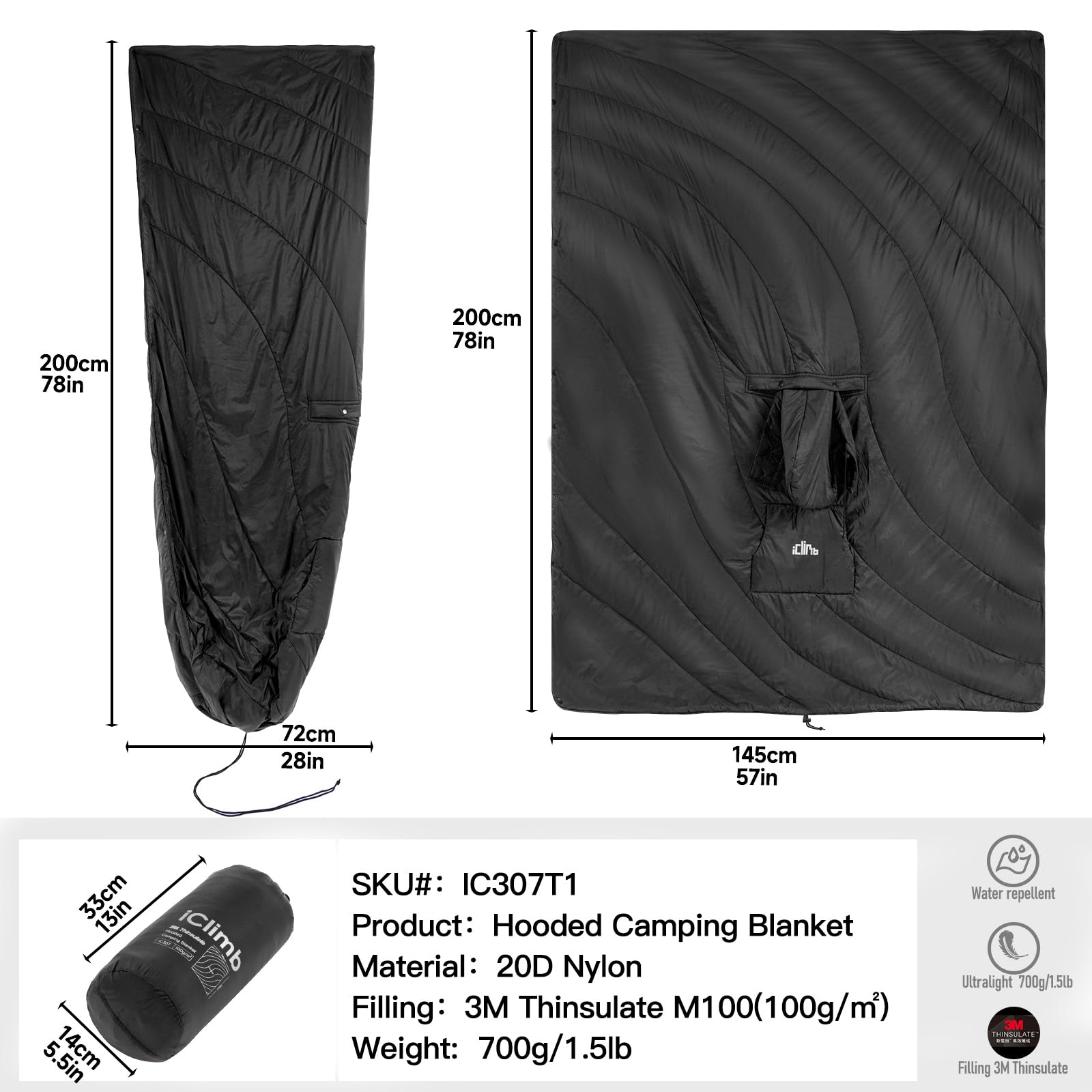 iClimb 3M Thinsulate Isolierung, warme Campingdecke, tragbarer Poncho, ultraleicht, kompakt