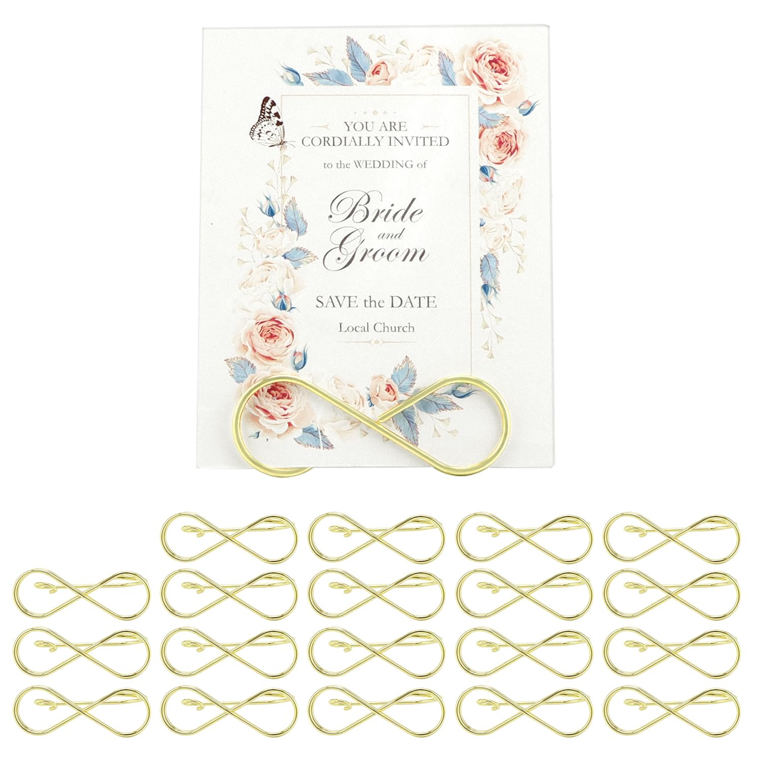 QWORK® 20pcs 8-Shaped Place Card Holders, Mini Golden Table Number Holders, for Weddings, Parties, and Events