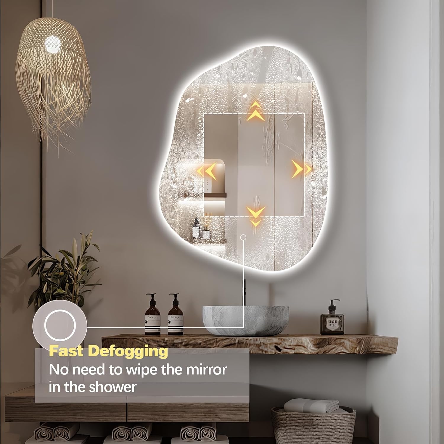 Irregular LED Bathroom Mirror with Lights, 42"x32" Anti Fog Frameless Led Bathroom Vanity Mirror, Backlit Mirror for Bathroom Bedroom Living Room, 3 Colors, Explosionproof, Horizontal/Vertica
