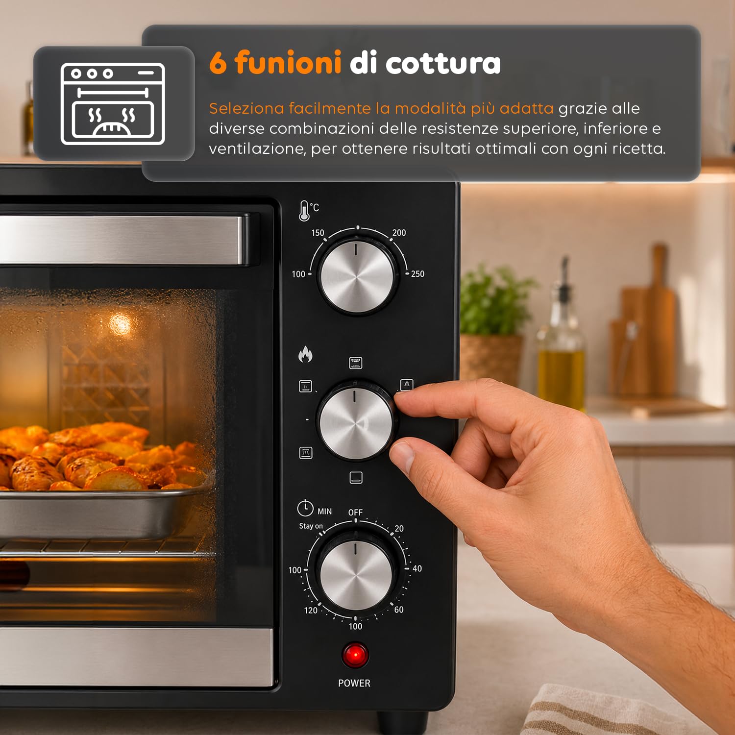 WINTEM Forno Elettrico da Banco 45 Litri Multifunzione Ventilato — Fornetto Elettrico con Timer, Doppio Vetro, Grill e Teglia in Acciaio Inox, 1800W