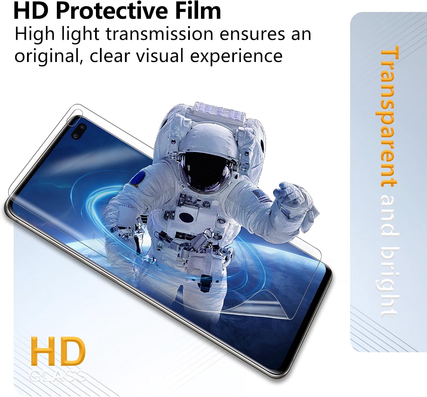 Image demonstrating the HD protective film with high light transmission on a Samsung Galaxy S10 Plus, showing a clear visual experience.