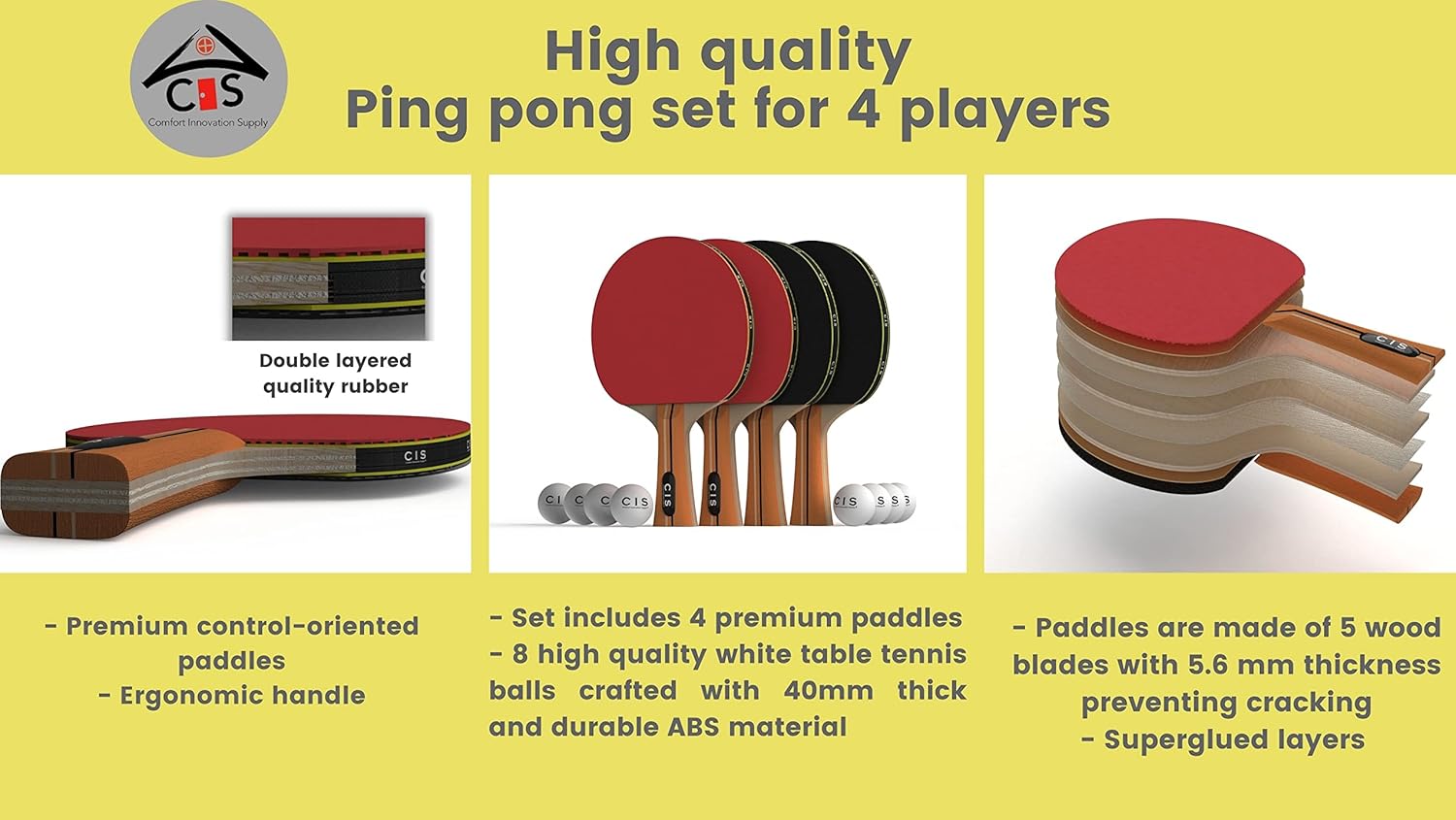 CISupply Ping Pong Paddle Set of 4. Tennis Table Rackets Set for 4 Players - Balls and Storage Case. Complete Table Tennis Set : Sports & Outdoors