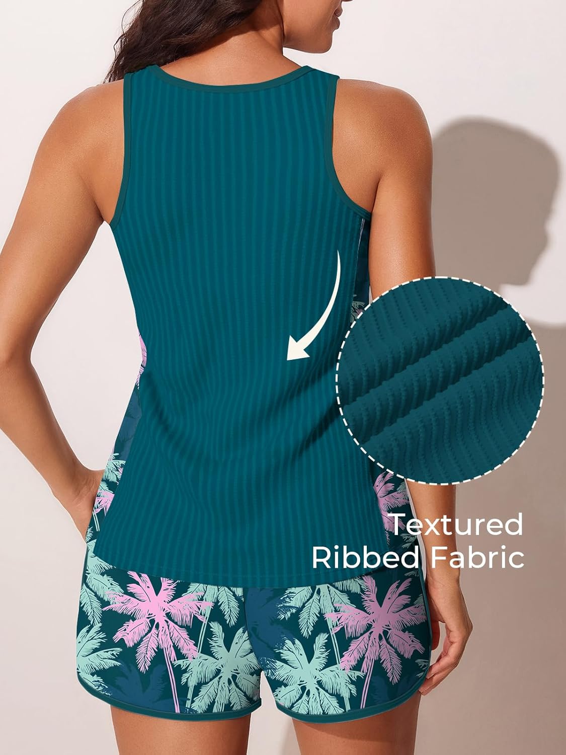 Summer Mae Modest Tankini Swimsuits for Women 2026 Textured Ribbed Bathing Suits Tummy Control Swim Shorts with Pockets - Image 4