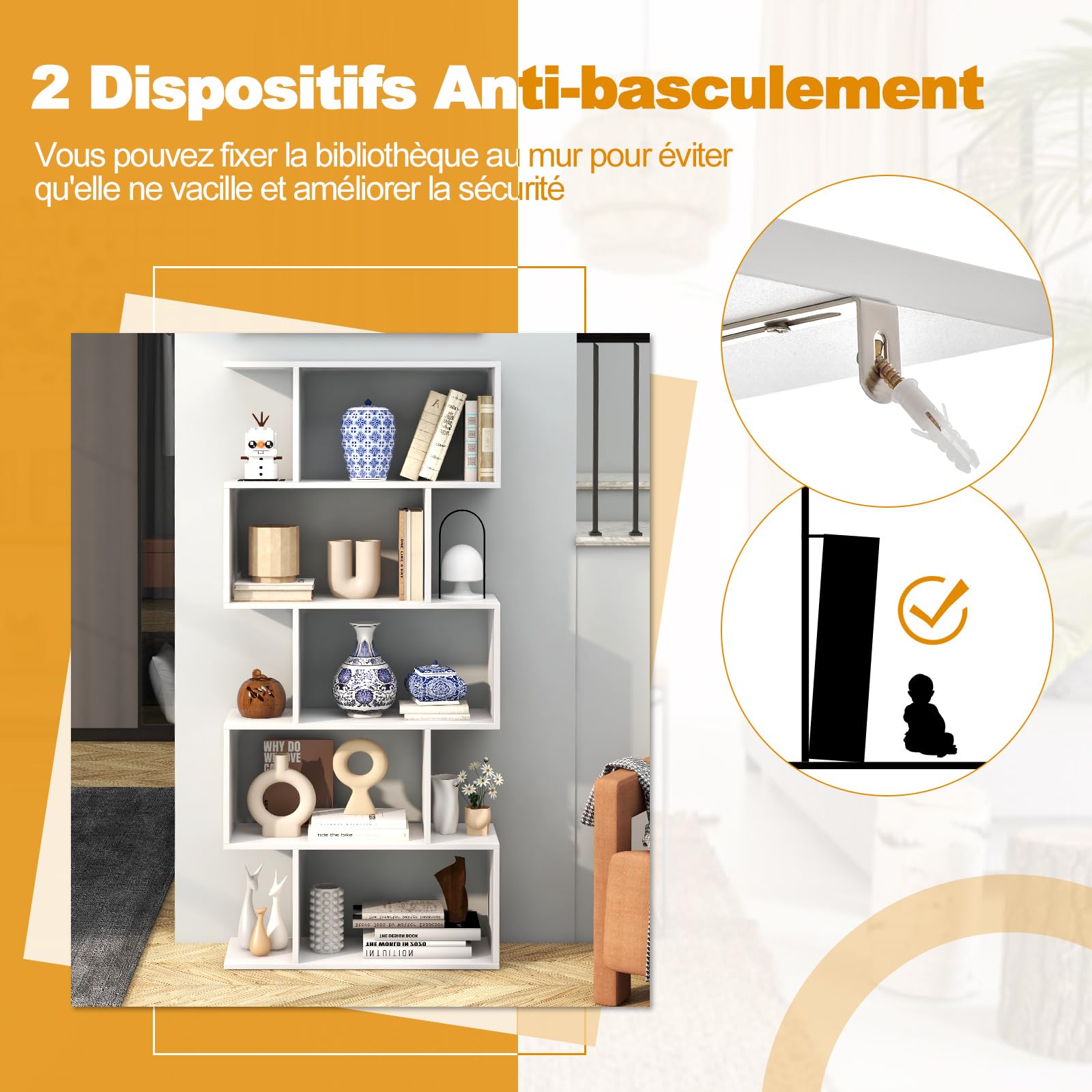 COSTWAY Bibliothèque en Forme de S, Étagère à 5 Niveaux, Meuble de Rangement avec Anti-basculement, 70 x 23,5 x 158 cm, pour Salon, Chambre, Bureau, Blanc