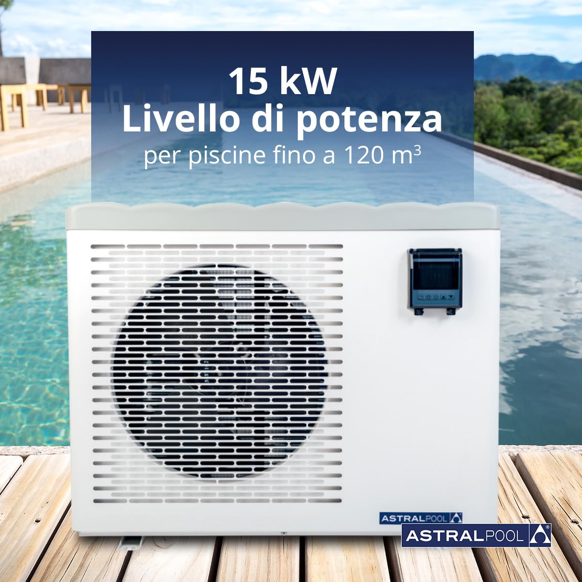 Eco Elyo-20 76662 Pompa di calore per piscina - Riscaldatore per piscina - Temperatura dell'acqua ideale - 6 livelli di potenza - Riscaldamento silenzioso e risparmio energetico - 15 kW - Astralpool