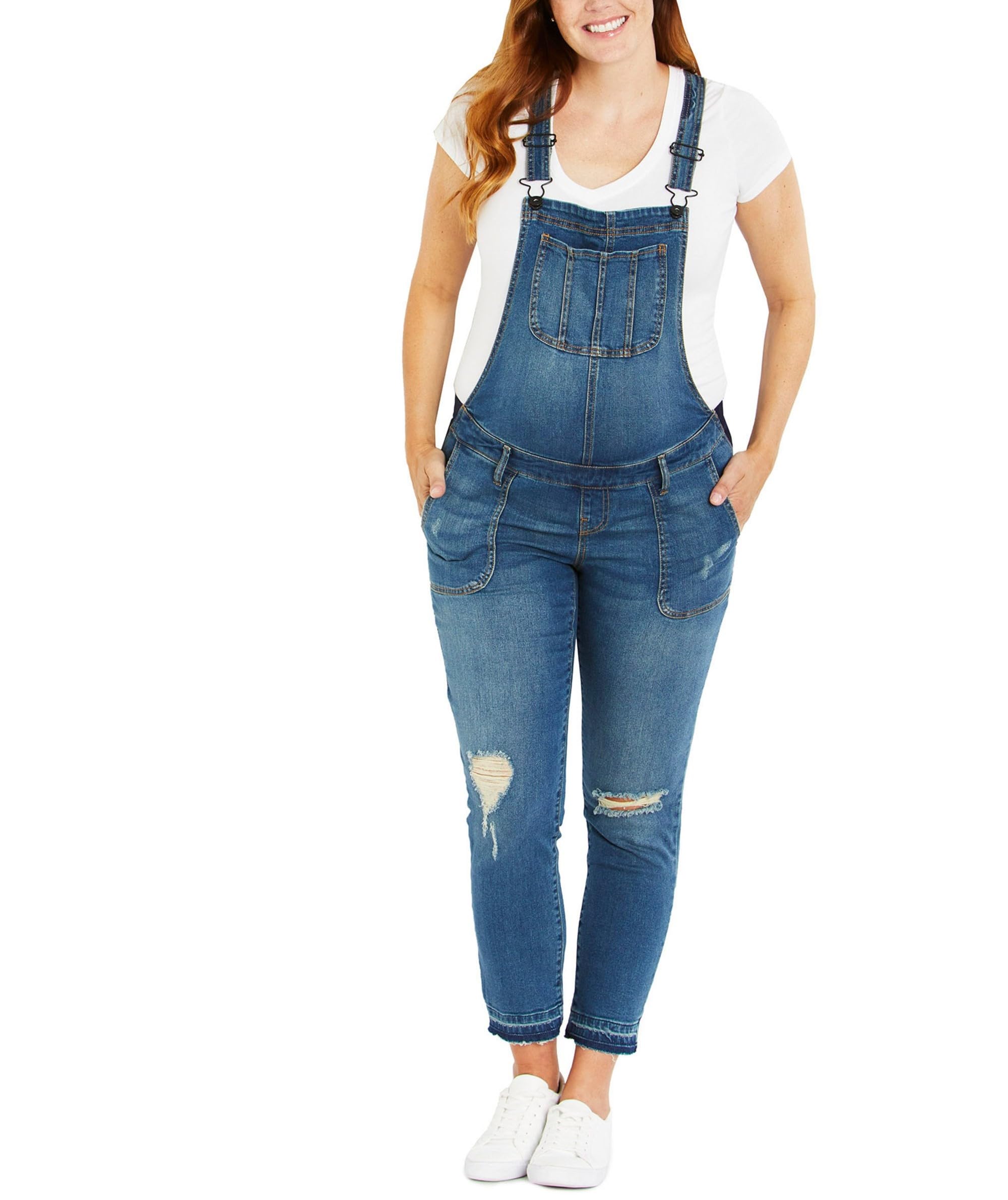 womens Indigo Blue Side Panel Skinny Ankle Length Denim Overalls, Blue