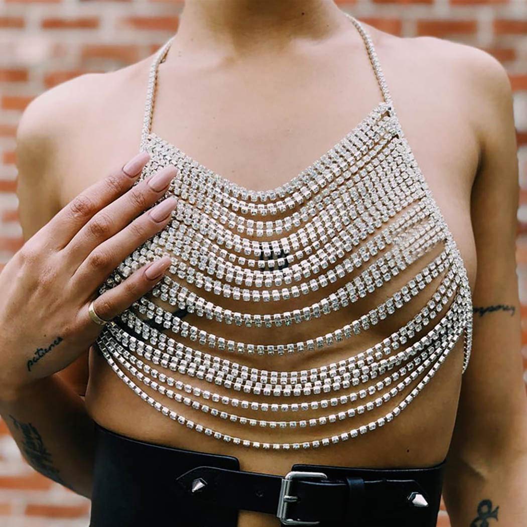 NavokyRhinestone Body Chain Silver Vest Crystal Body Chains Bling Bra Chains Beach Chest Chains Jewelry Accessories for Women and Girls