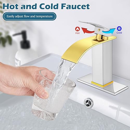 Miniatura 8 de Midanya Grifo de lavabo de montaje en cubierta de un solo agujero, grifo de lavabo de baño en cascada, grifo de baño de cascada de oro pulido, grifo