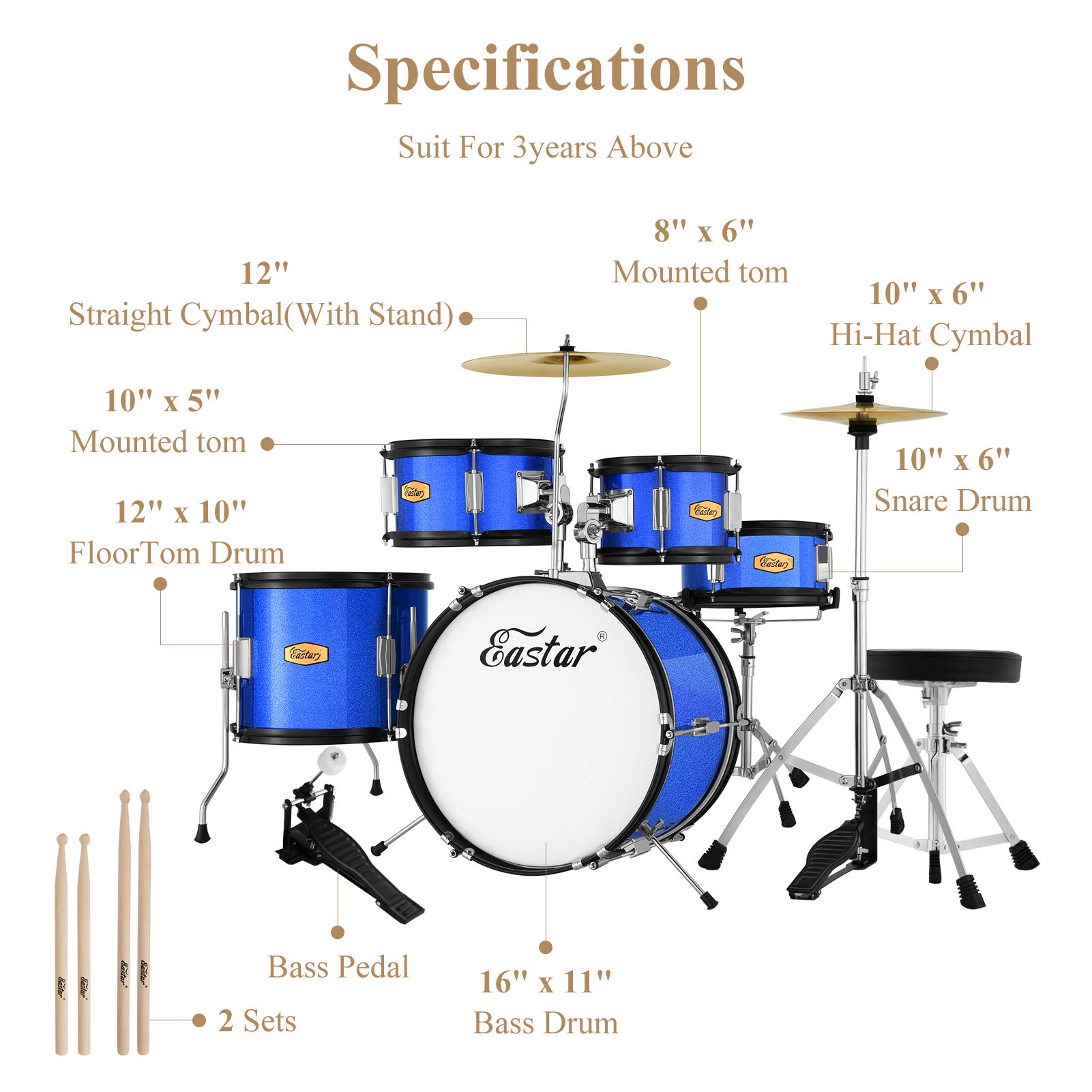 Juego de batería para niños, kit de batería de 5 piezas de 16 pulgadas para principiantes con trono ajustable y platillo, pedal y baquetas, azul metálico (EDS-350MBE) 7