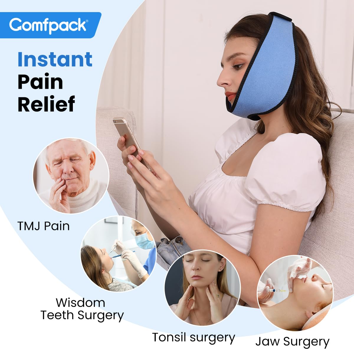Comfpack Envoltura de hielo facial para alivio de la ATM con 4 paquetes reutilizables de gel frío y caliente, paquete de hielo para muelas del juicio, envoltura de cabeza para amigdalectomía